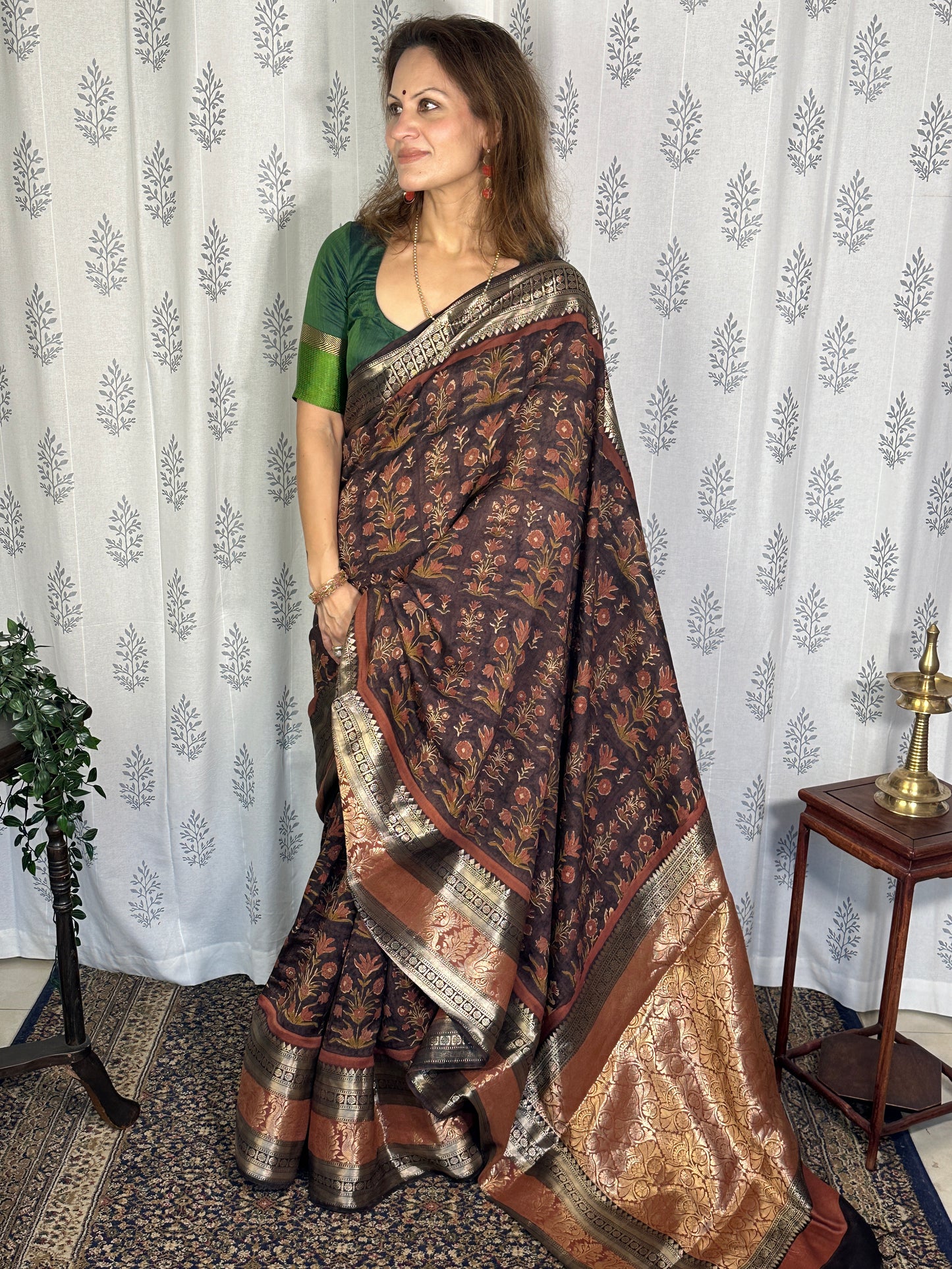 Brown Handblock Print Chanderi Silk Saree with Thick Zari Woven Border & Rich Zari Pallu