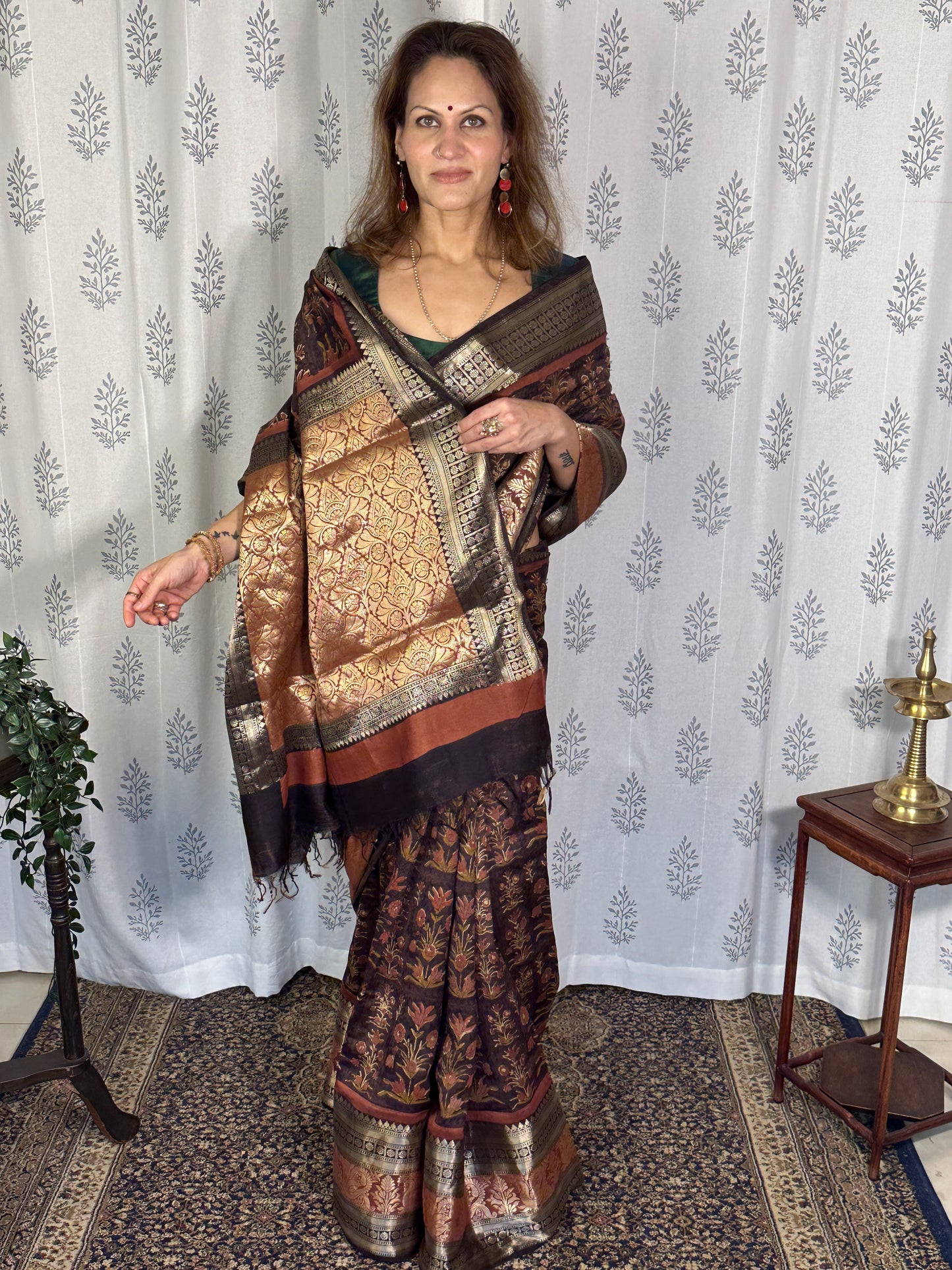 Brown Handblock Print Chanderi Silk Saree with Thick Zari Woven Border & Rich Zari Pallu