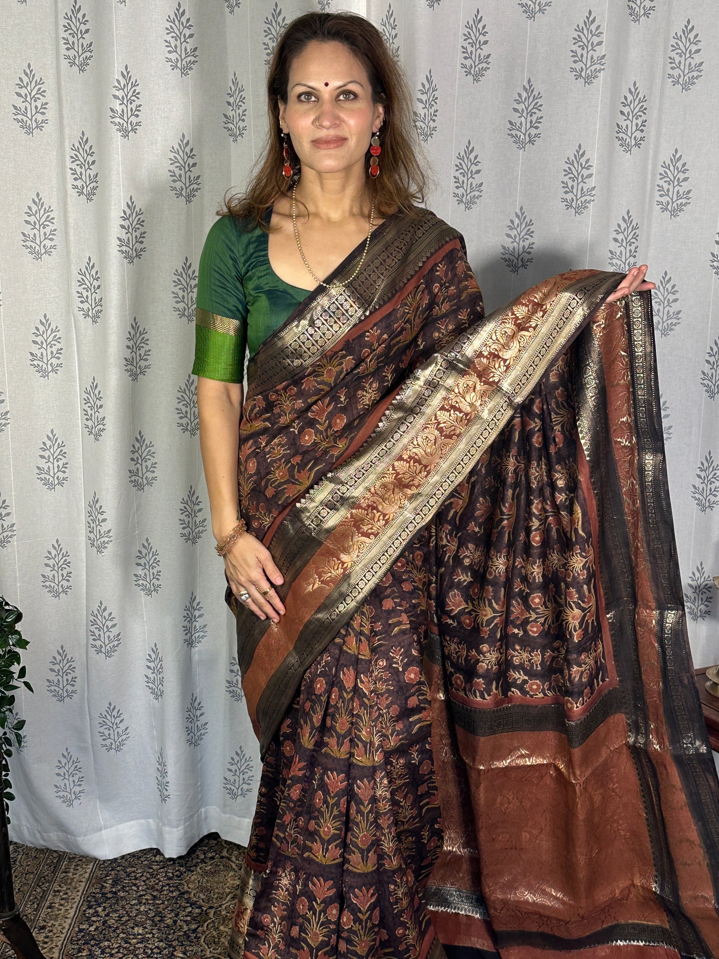 Brown Handblock Print Chanderi Silk Saree with Thick Zari Woven Border & Rich Zari Pallu