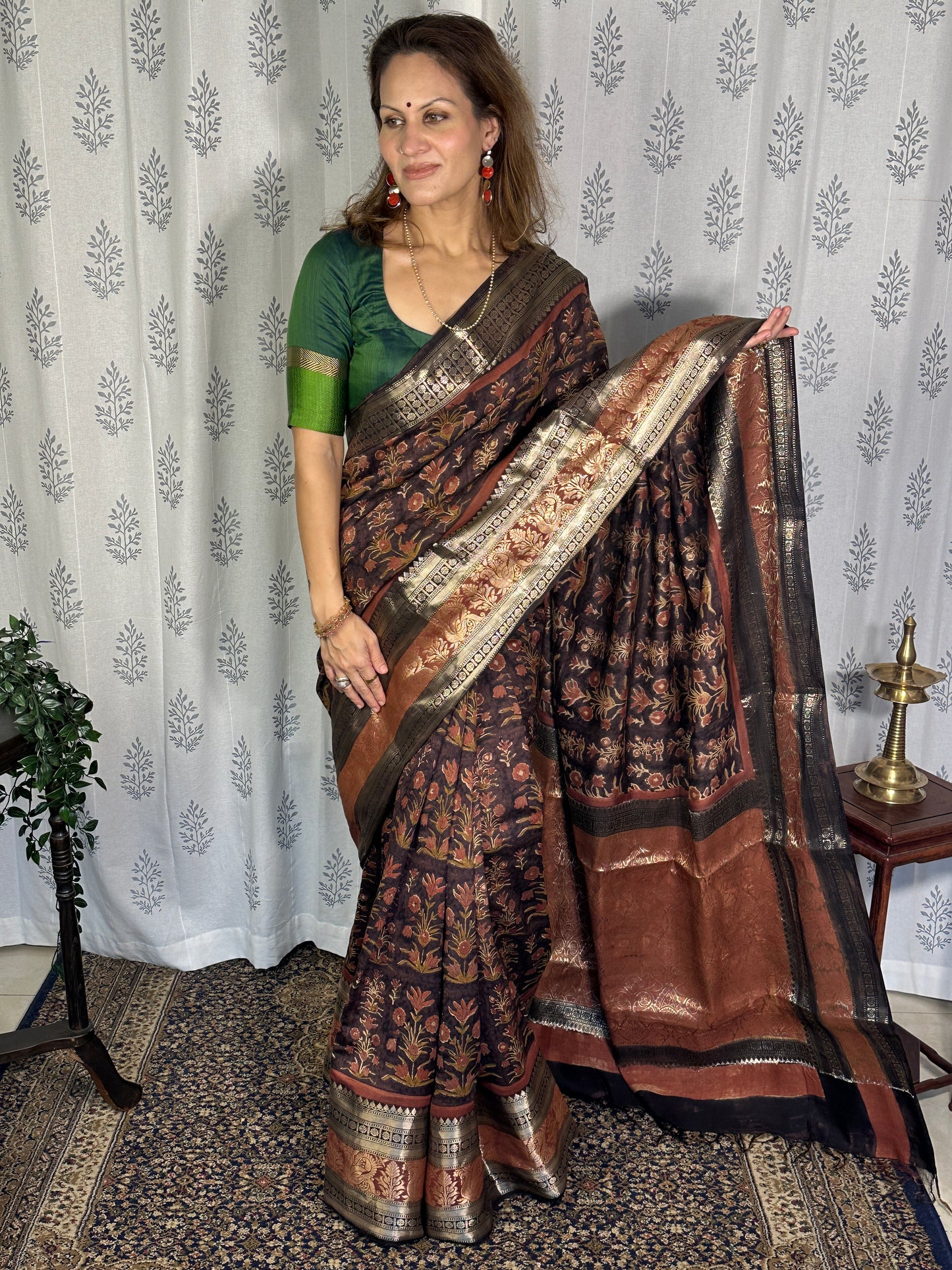 Brown Handblock Print Chanderi Silk Saree with Thick Zari Woven Border & Rich Zari Pallu
