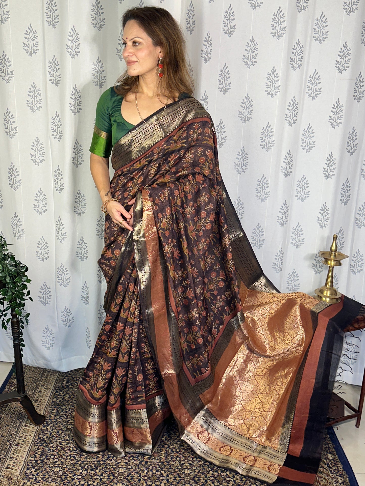 Brown Handblock Print Chanderi Silk Saree with Thick Zari Woven Border & Rich Zari Pallu