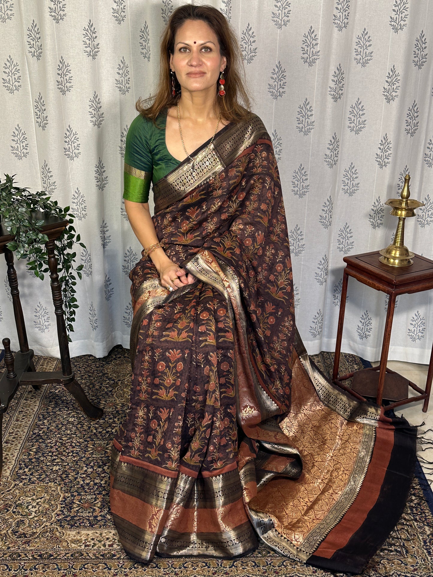 Brown Handblock Print Chanderi Silk Saree with Thick Zari Woven Border & Rich Zari Pallu