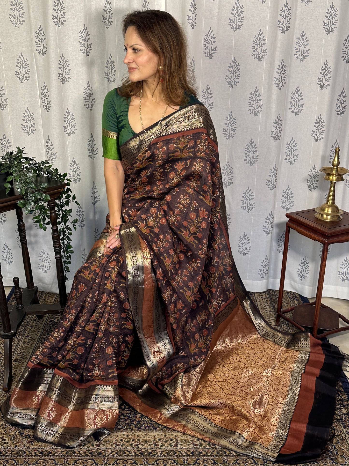 Brown Handblock Print Chanderi Silk Saree with Thick Zari Woven Border & Rich Zari Pallu