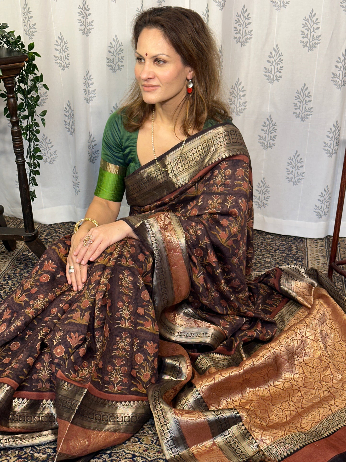 Brown Handblock Print Chanderi Silk Saree with Thick Zari Woven Border & Rich Zari Pallu