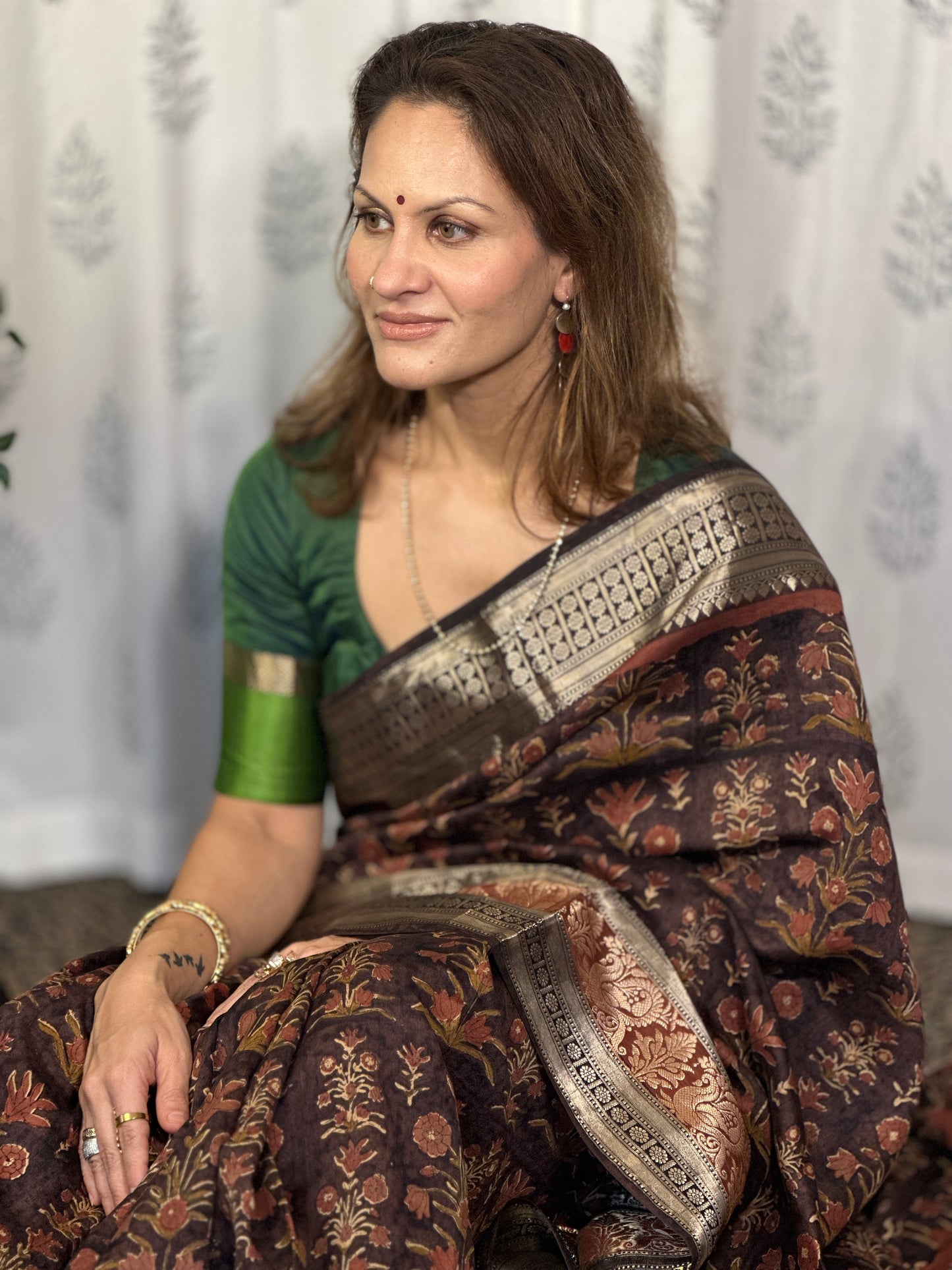 Brown Handblock Print Chanderi Silk Saree with Thick Zari Woven Border & Rich Zari Pallu