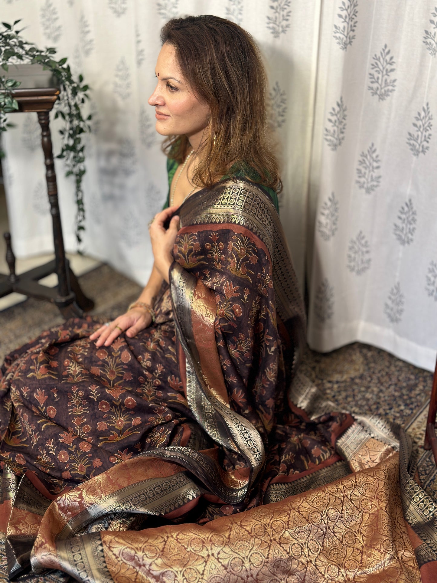 Brown Handblock Print Chanderi Silk Saree with Thick Zari Woven Border & Rich Zari Pallu