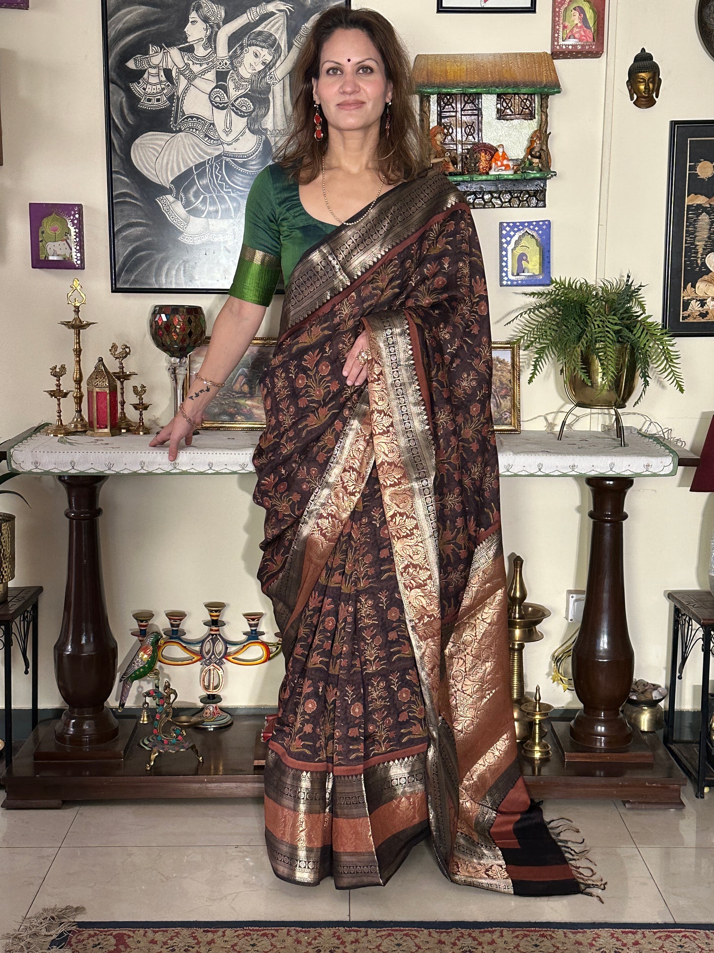 Brown Handblock Print Chanderi Silk Saree with Thick Zari Woven Border & Rich Zari Pallu
