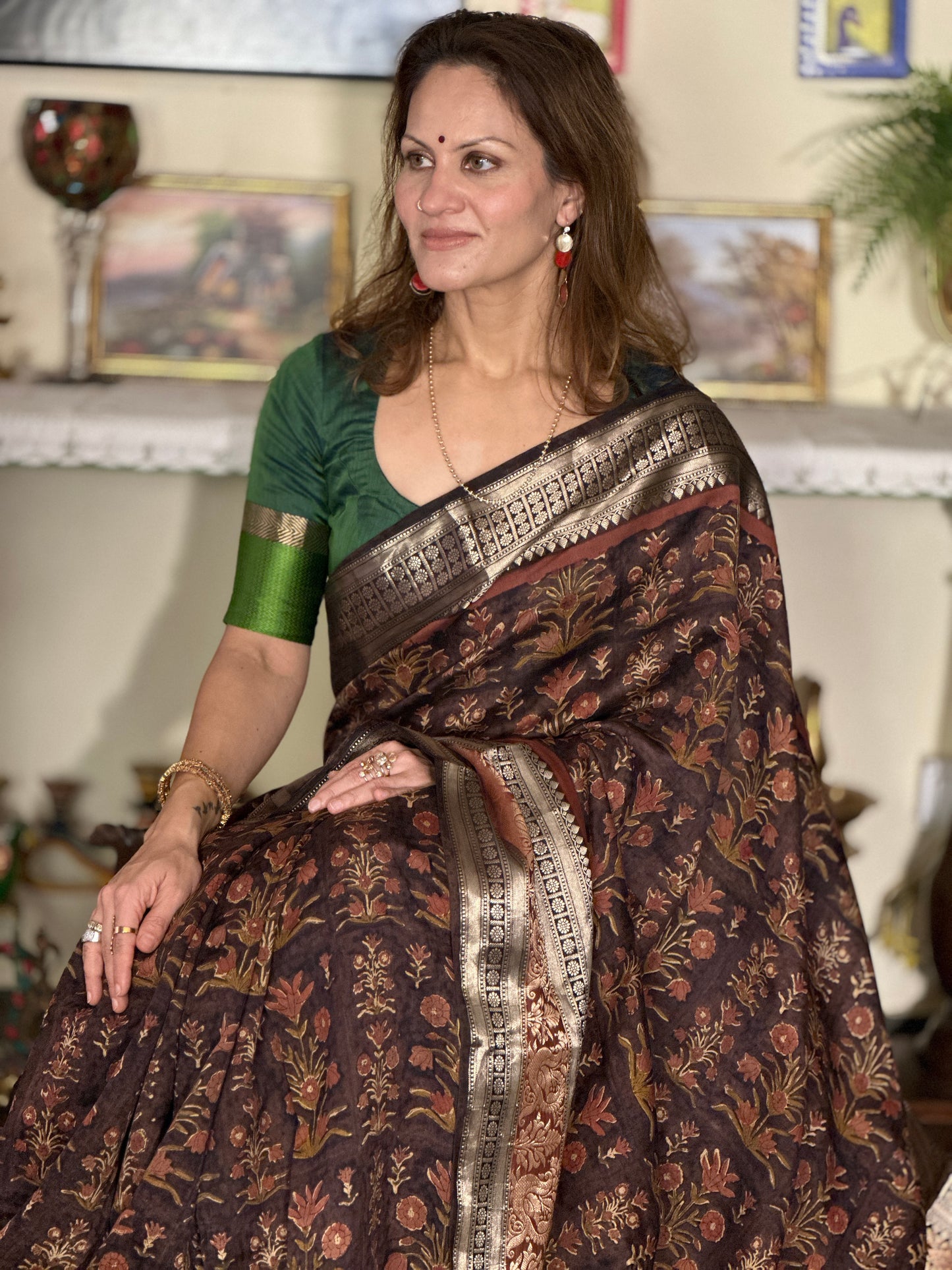Brown Handblock Print Chanderi Silk Saree with Thick Zari Woven Border & Rich Zari Pallu