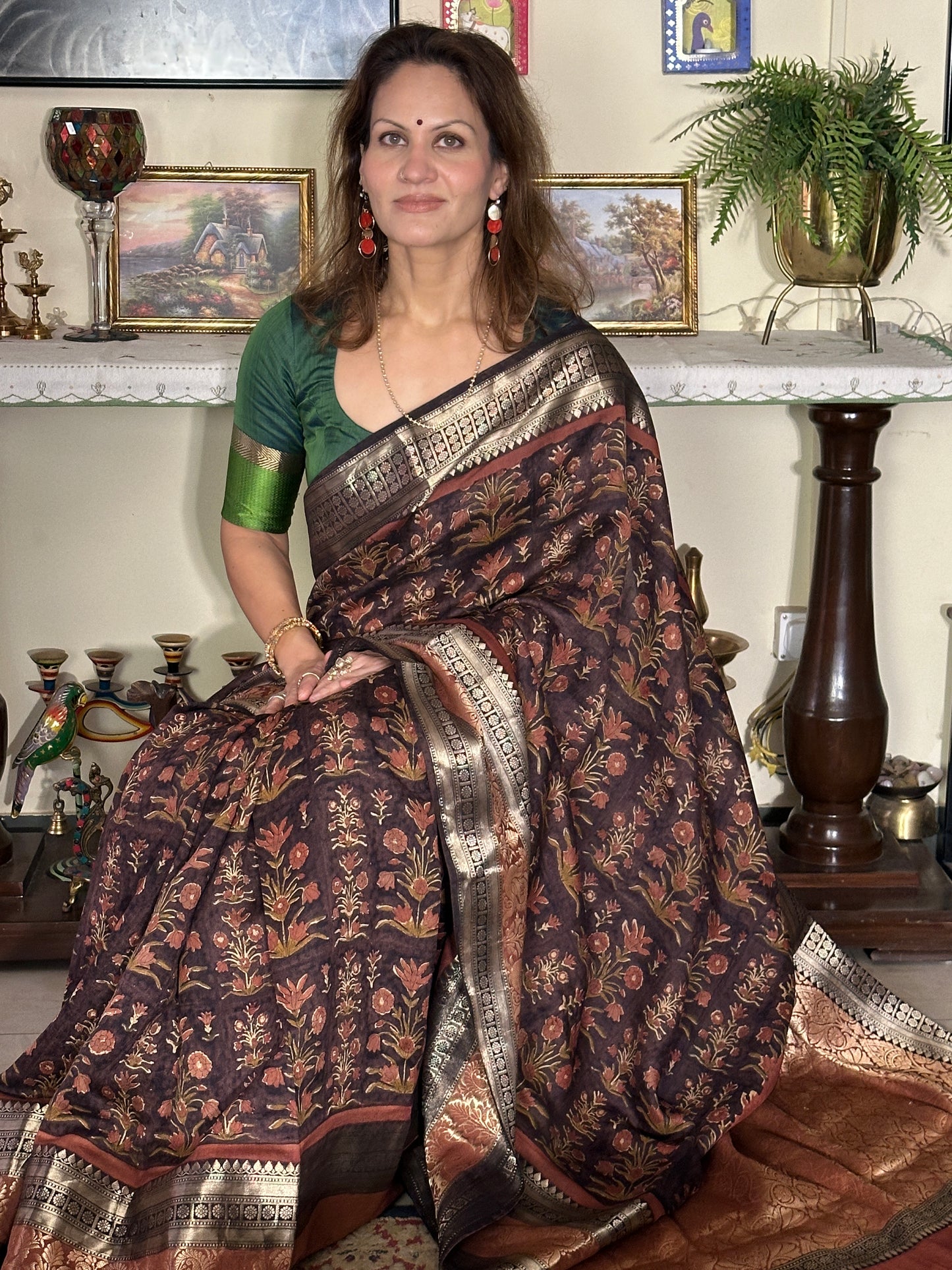 Brown Handblock Print Chanderi Silk Saree with Thick Zari Woven Border & Rich Zari Pallu