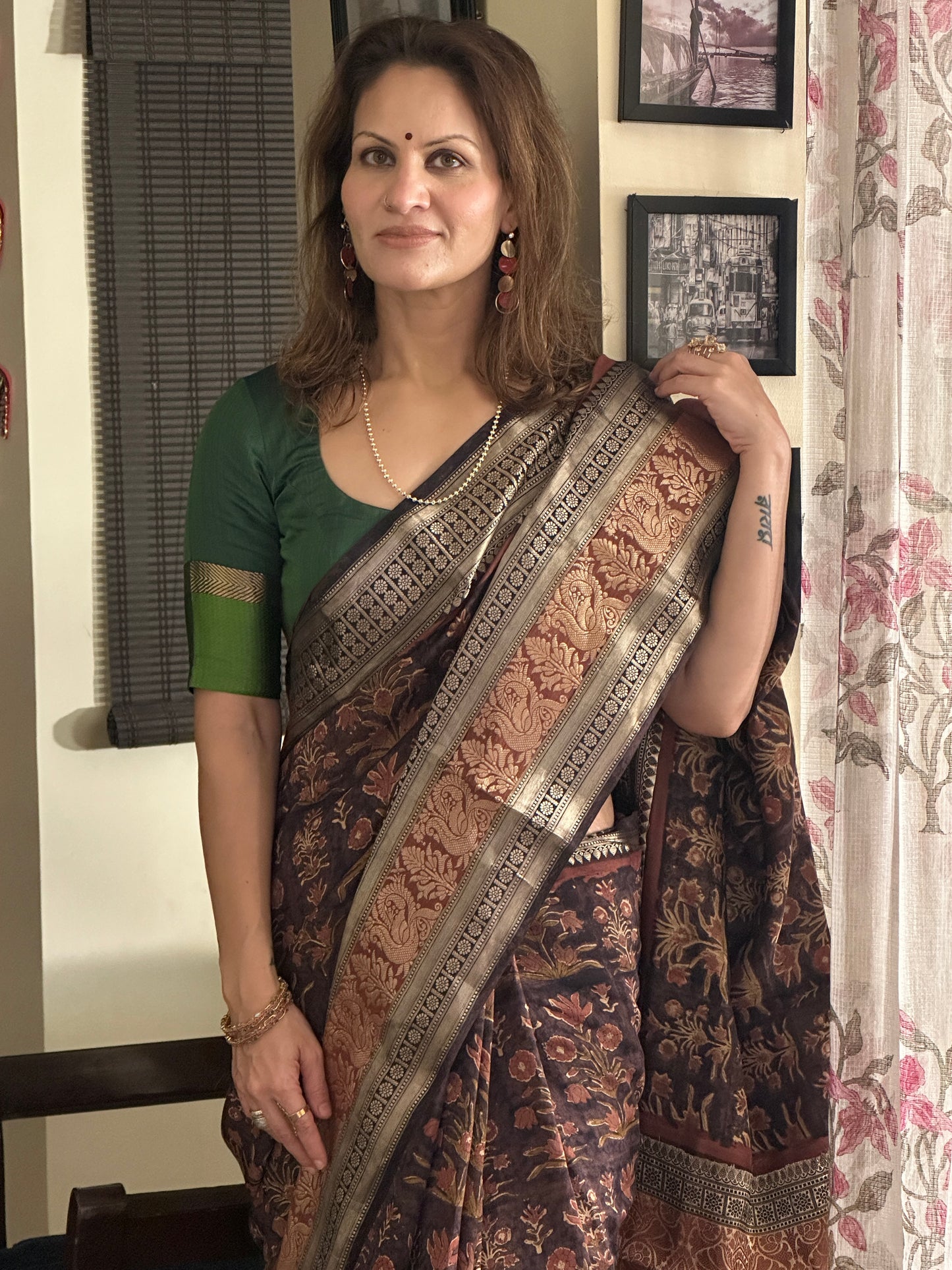 Brown Handblock Print Chanderi Silk Saree with Thick Zari Woven Border & Rich Zari Pallu