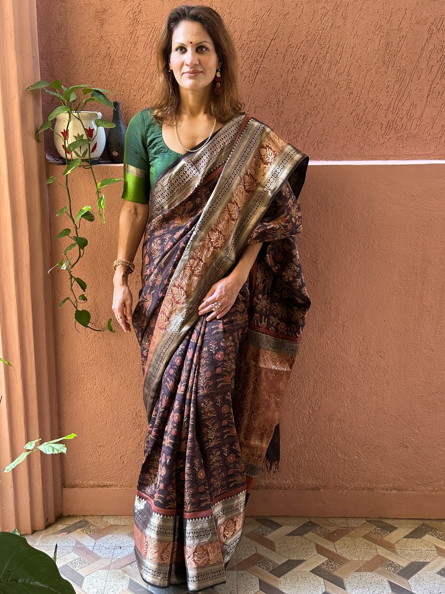 Brown Handblock Print Chanderi Silk Saree with Thick Zari Woven Border & Rich Zari Pallu