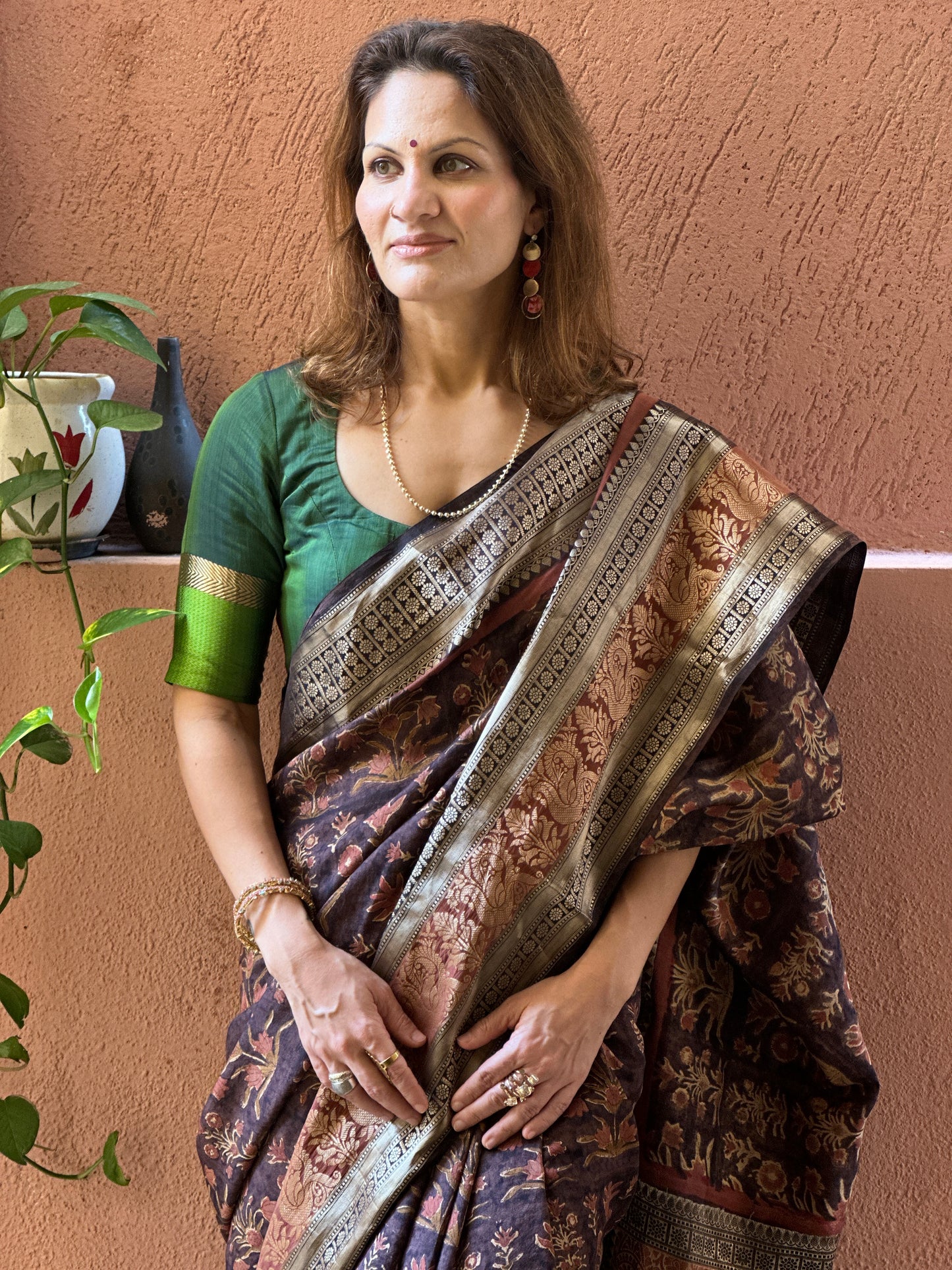 Brown Handblock Print Chanderi Silk Saree with Thick Zari Woven Border & Rich Zari Pallu
