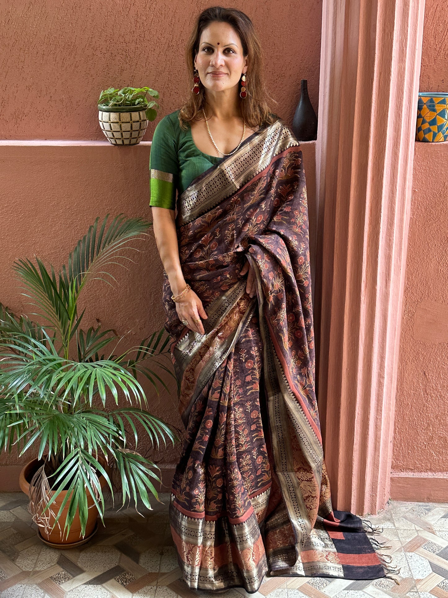 Brown Handblock Print Chanderi Silk Saree with Thick Zari Woven Border & Rich Zari Pallu