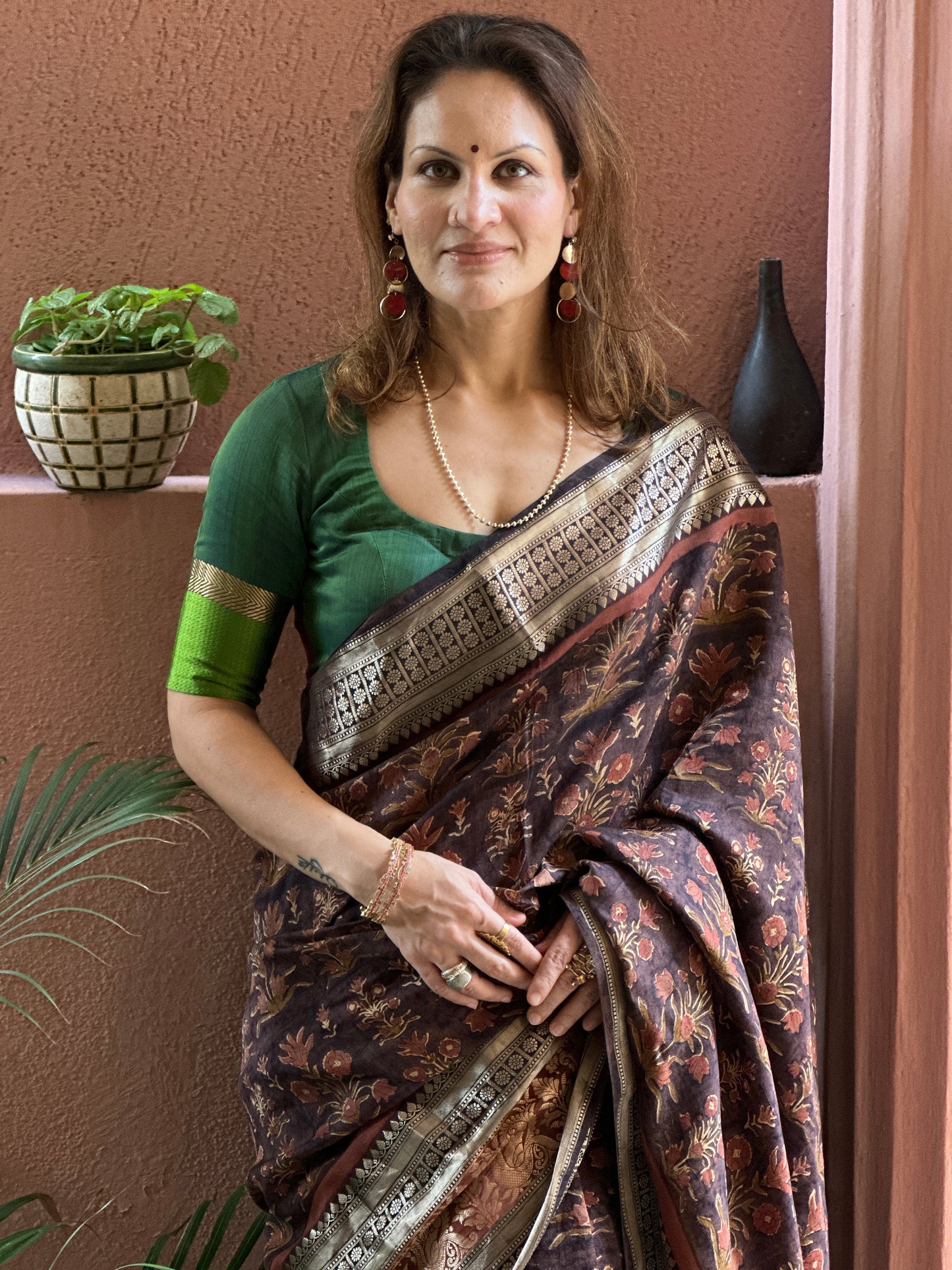 Brown Handblock Print Chanderi Silk Saree with Thick Zari Woven Border & Rich Zari Pallu