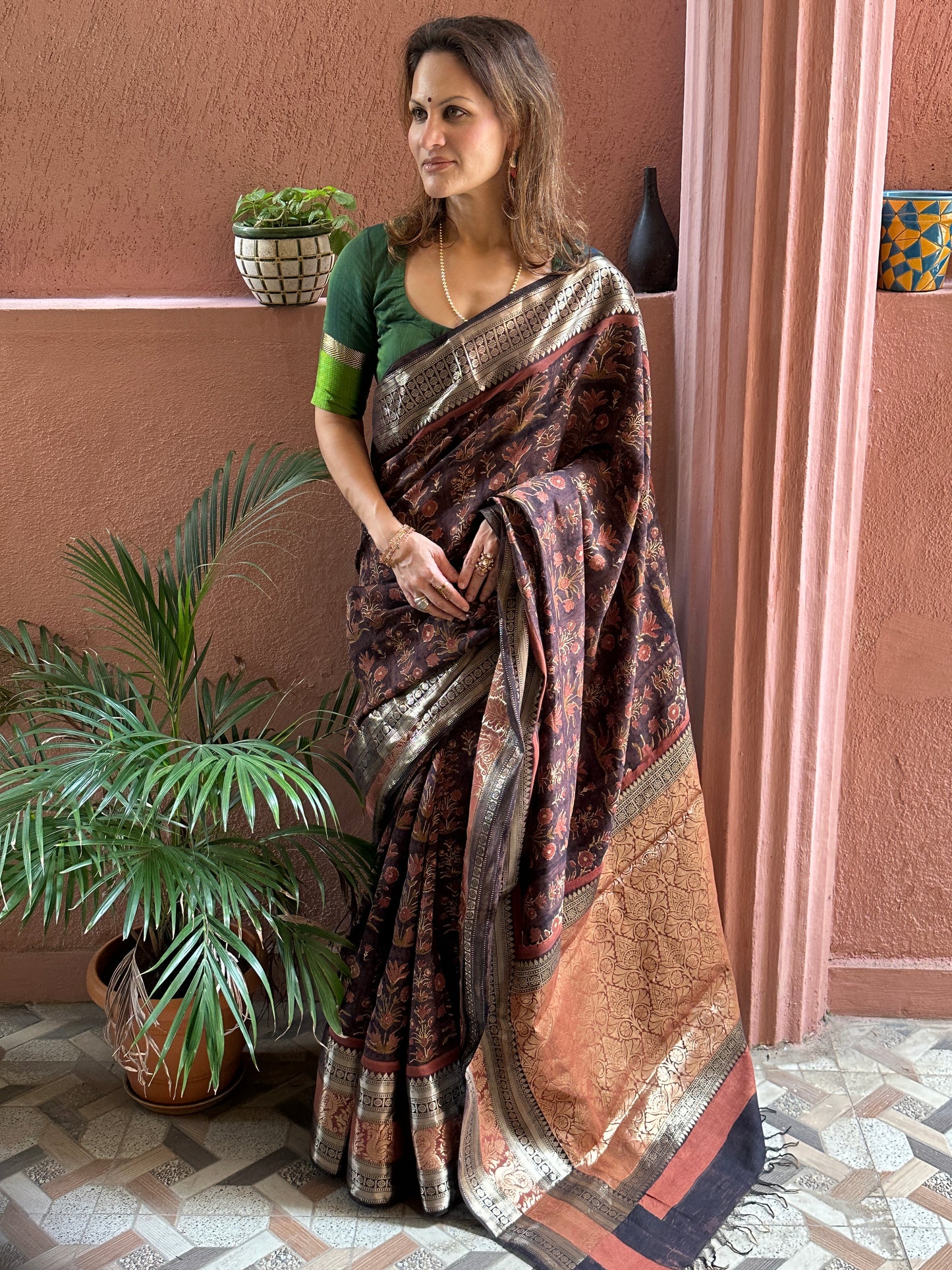 Brown Handblock Print Chanderi Silk Saree with Thick Zari Woven Border & Rich Zari Pallu