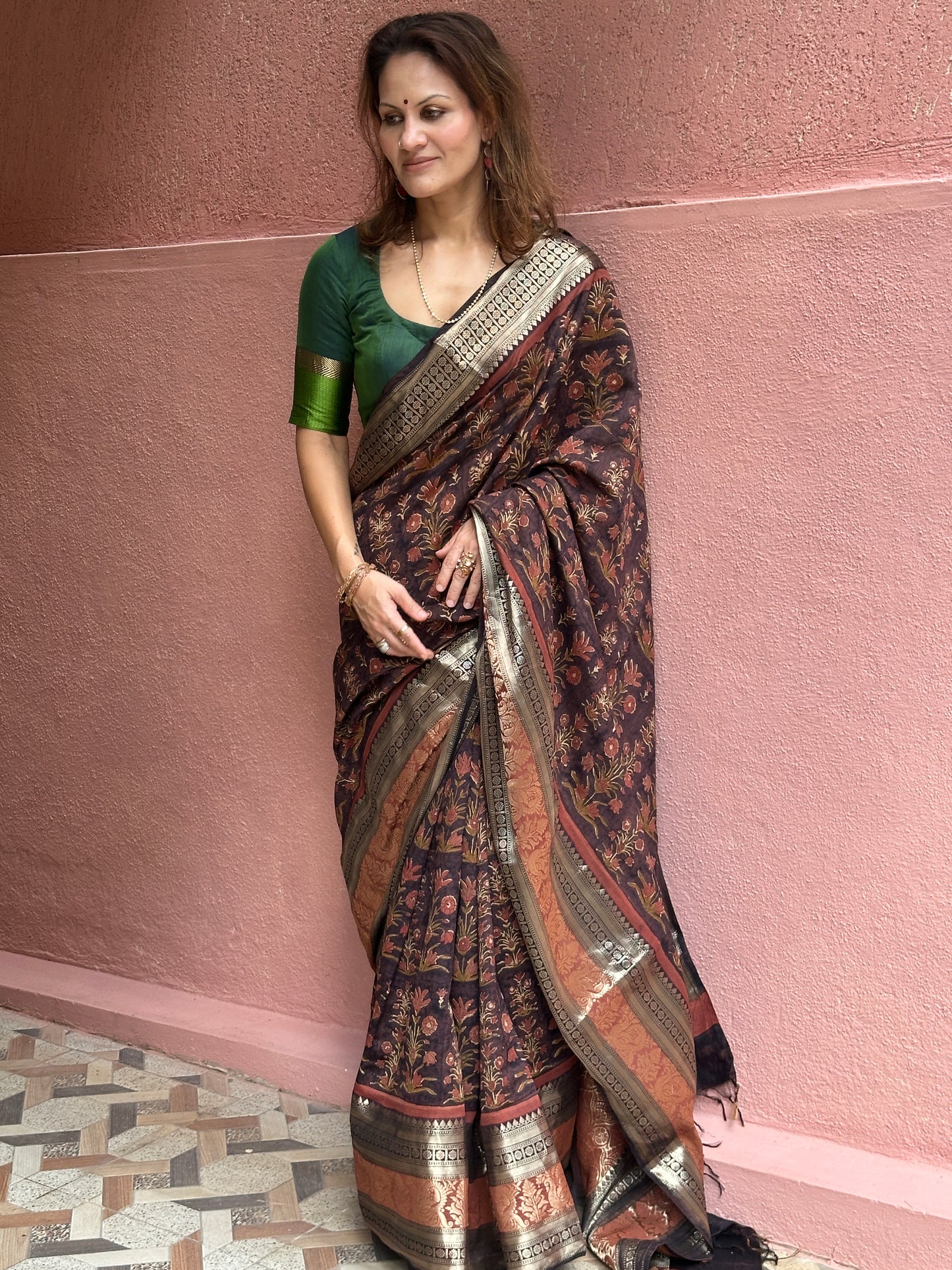 Brown Handblock Print Chanderi Silk Saree with Thick Zari Woven Border & Rich Zari Pallu