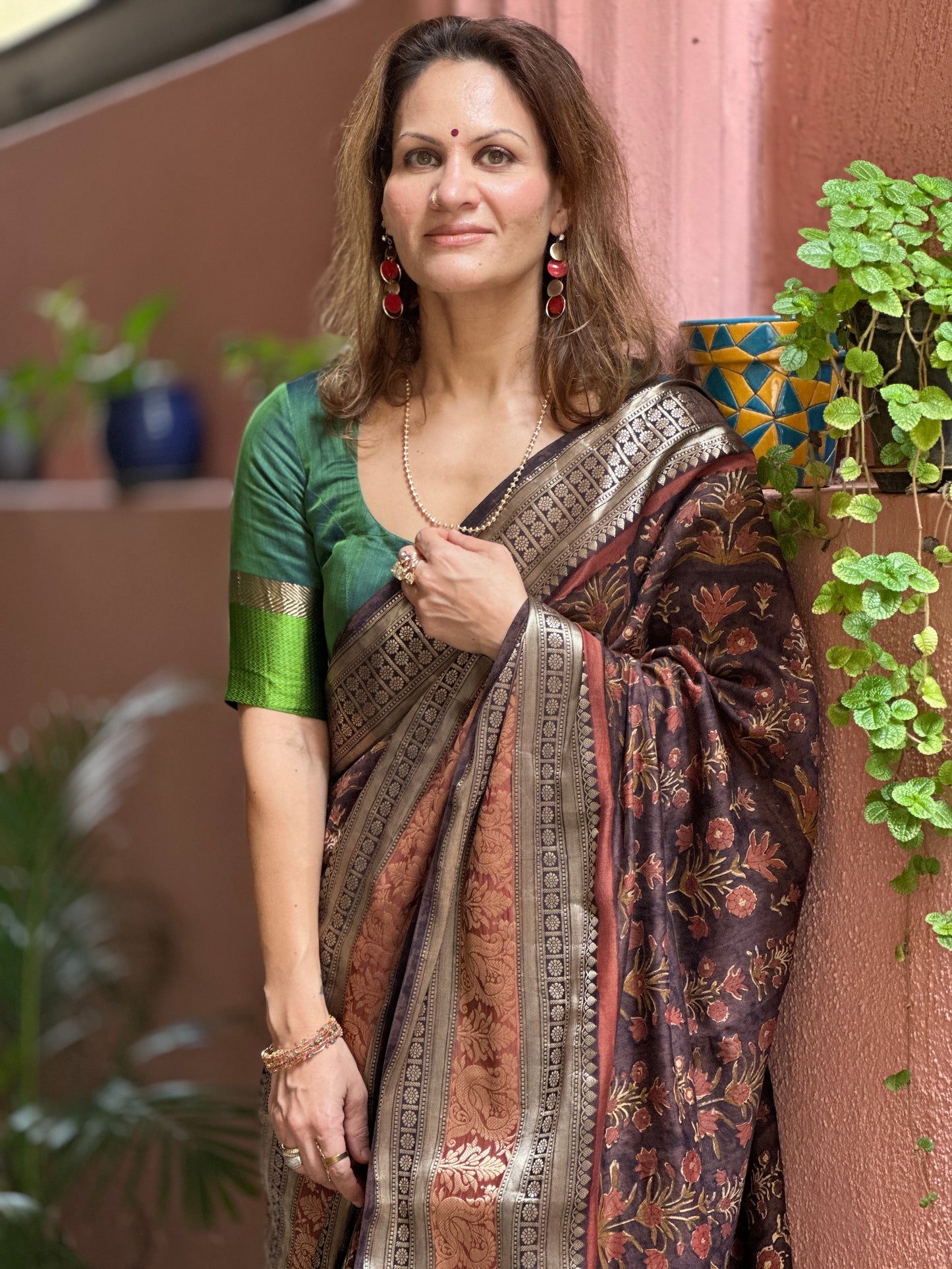 Brown Handblock Print Chanderi Silk Saree with Thick Zari Woven Border & Rich Zari Pallu