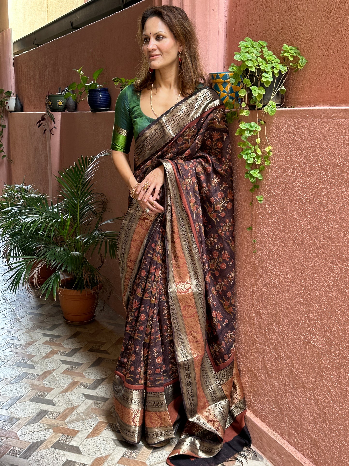 Brown Handblock Print Chanderi Silk Saree with Thick Zari Woven Border & Rich Zari Pallu