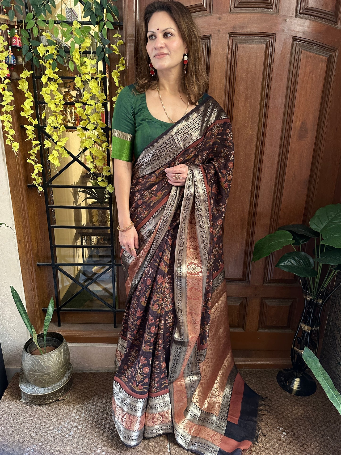 Brown Handblock Print Chanderi Silk Saree with Thick Zari Woven Border & Rich Zari Pallu