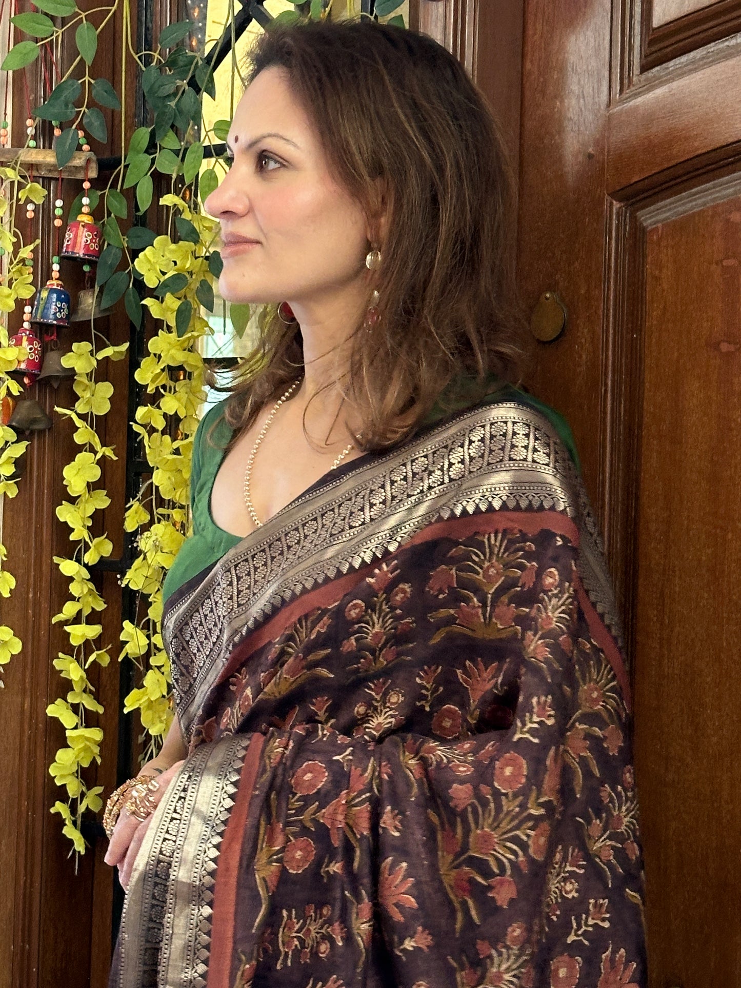 Brown Handblock Print Chanderi Silk Saree with Thick Zari Woven Border & Rich Zari Pallu