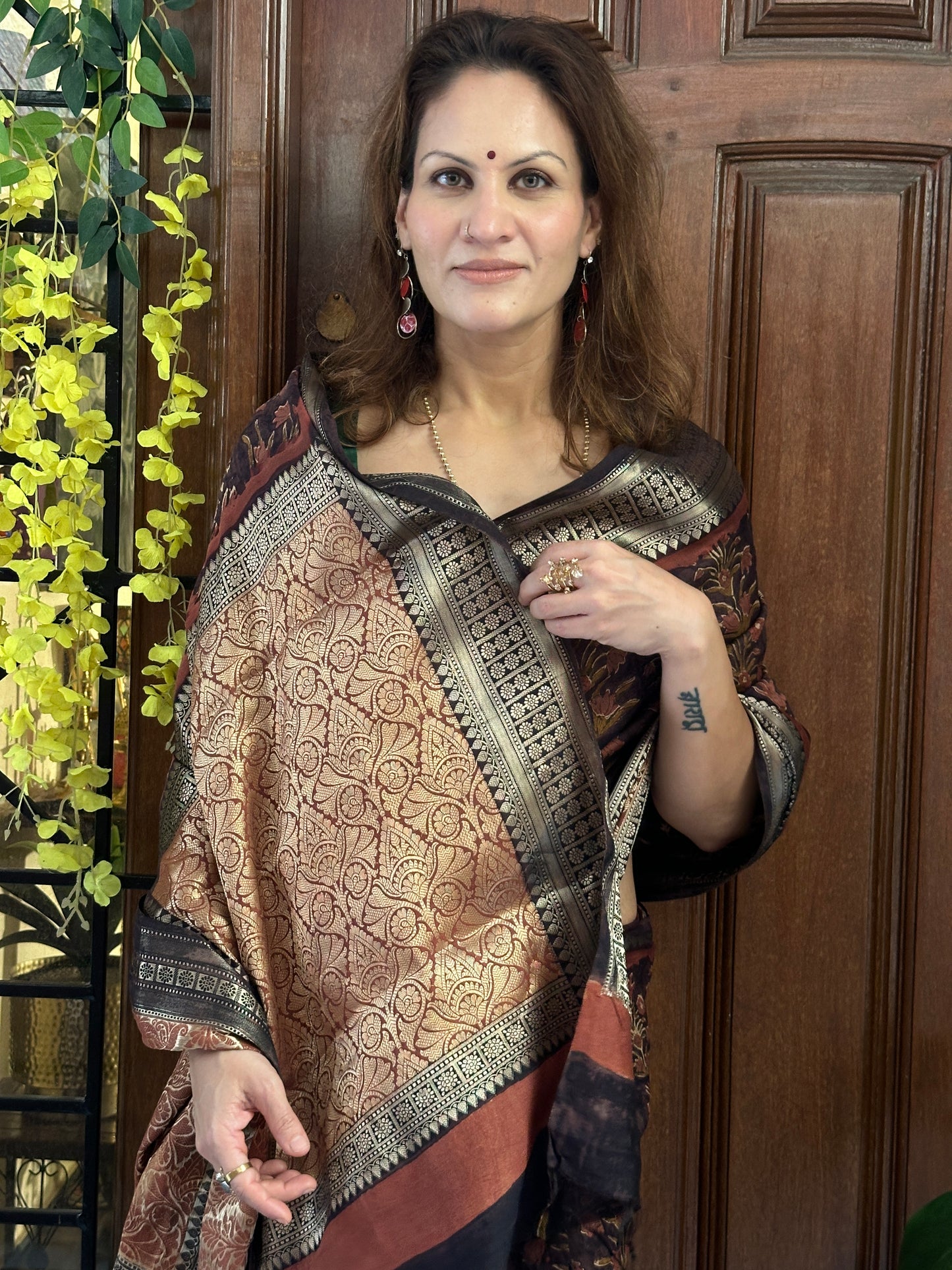 Brown Handblock Print Chanderi Silk Saree with Thick Zari Woven Border & Rich Zari Pallu