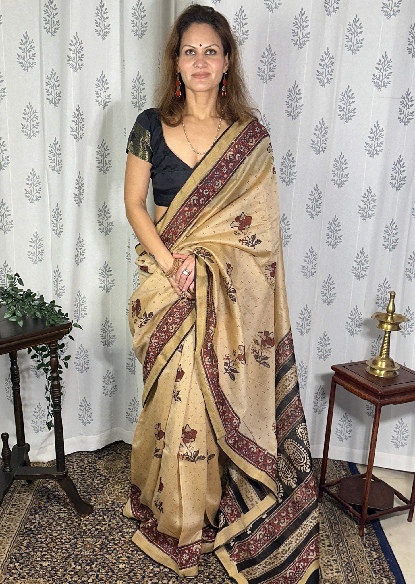 Cream Sanganeri Handblock Print Chanderi Silk Saree