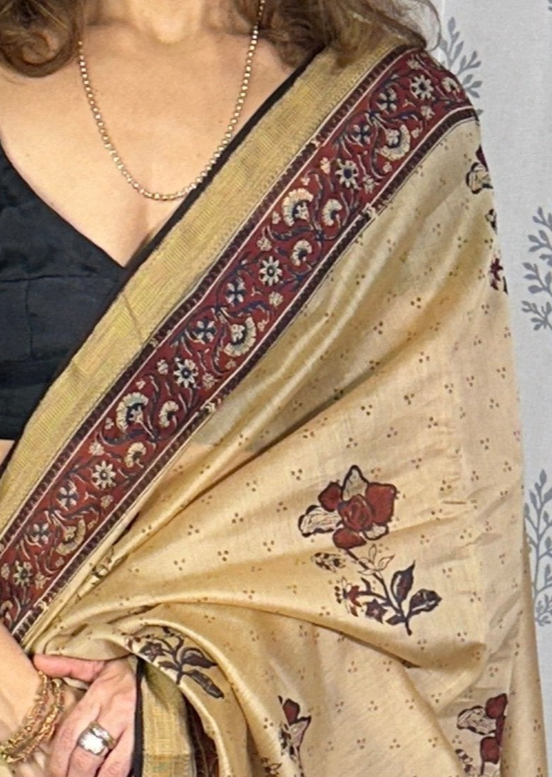 Cream Sanganeri Handblock Print Chanderi Silk Saree