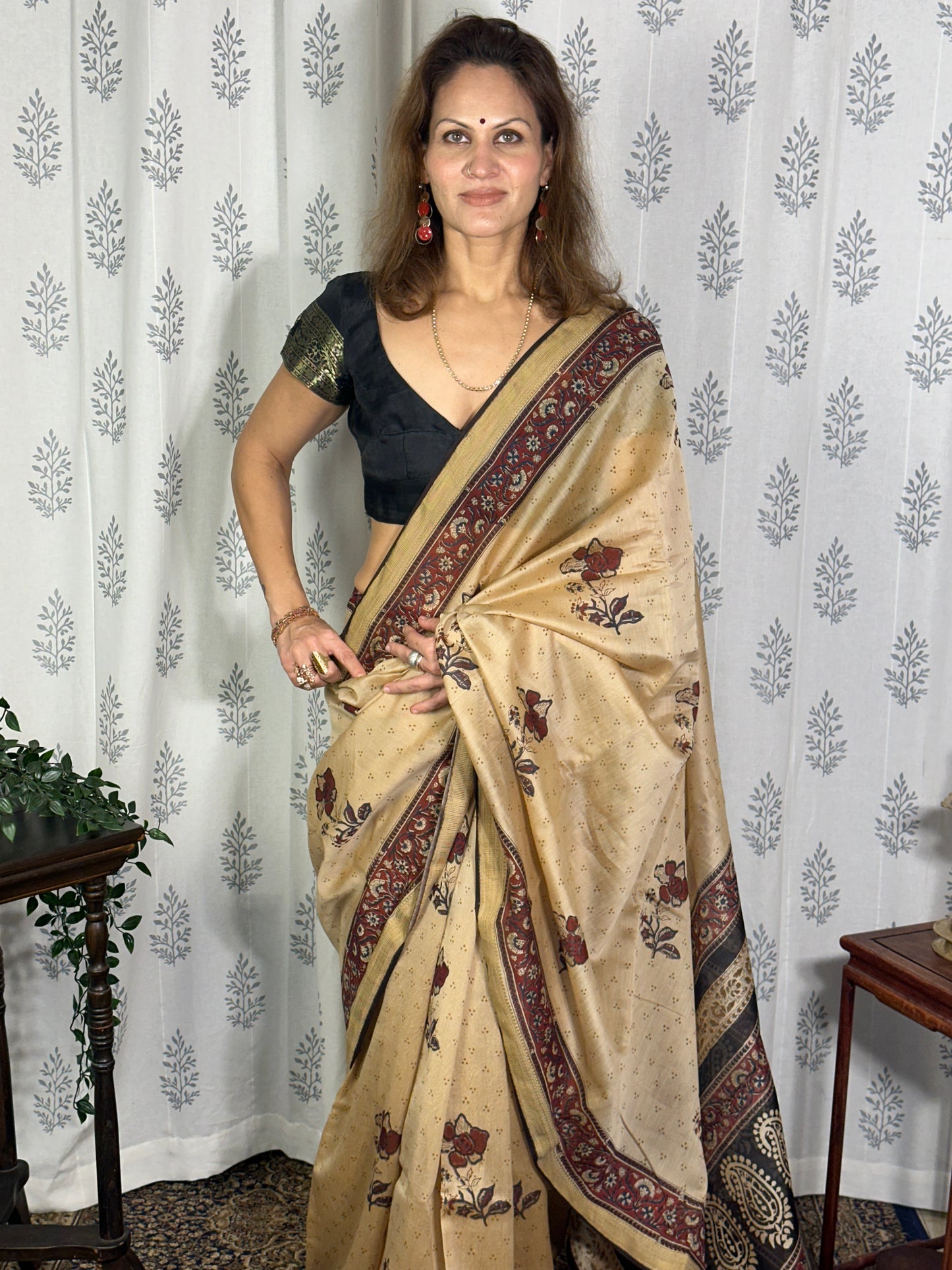 Cream Sanganeri Handblock Print Chanderi Silk Saree