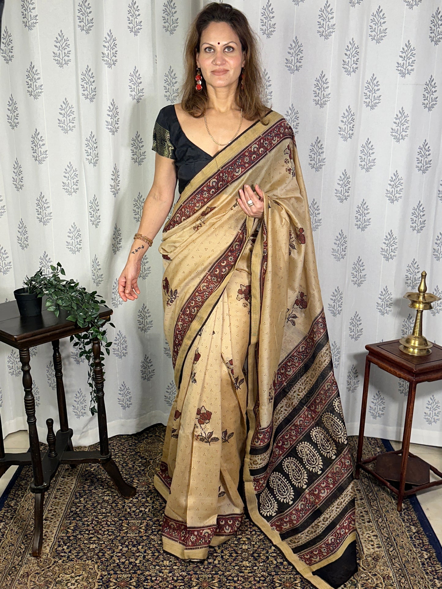 Cream Sanganeri Handblock Print Chanderi Silk Saree