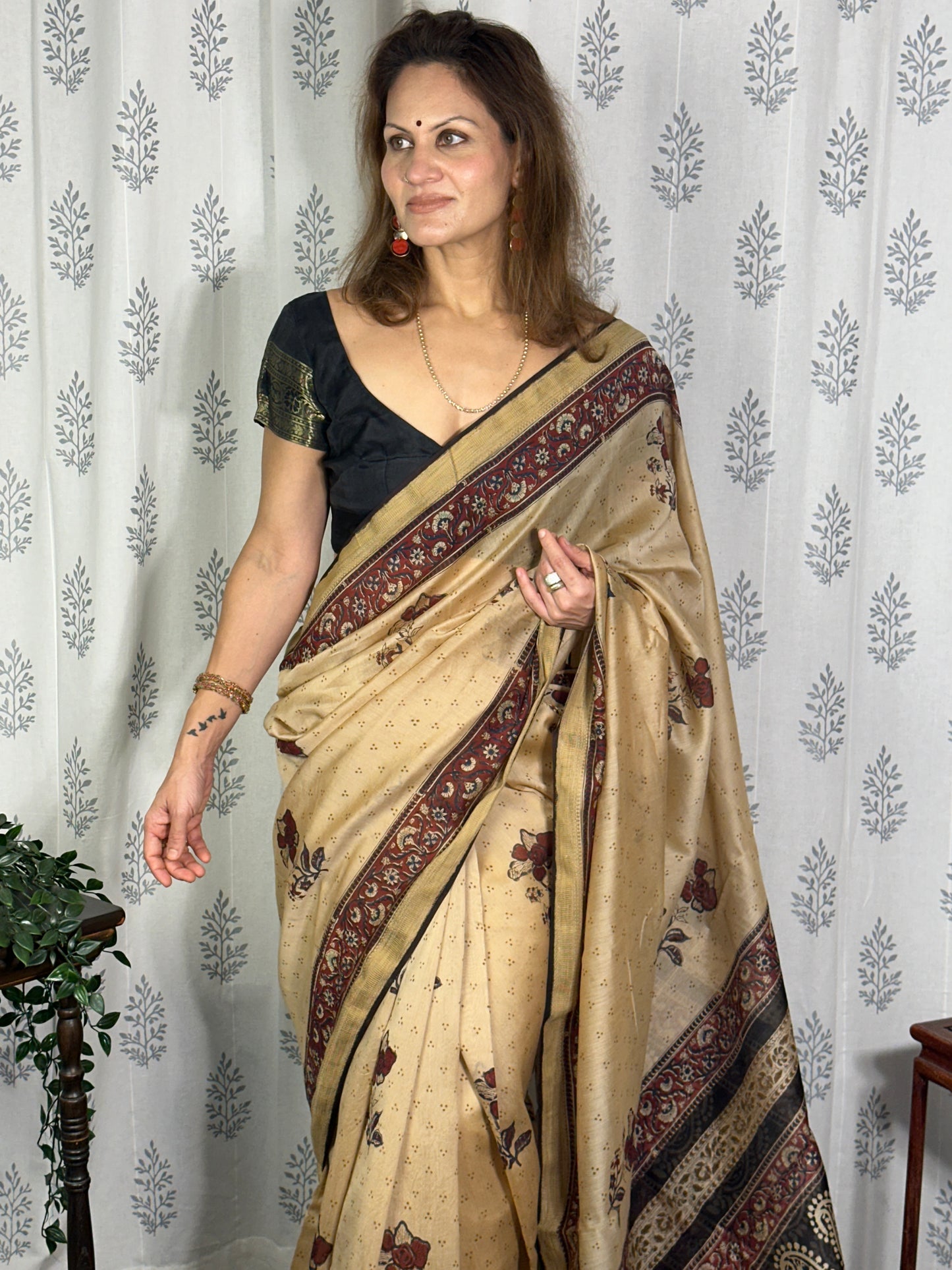 Cream Sanganeri Handblock Print Chanderi Silk Saree