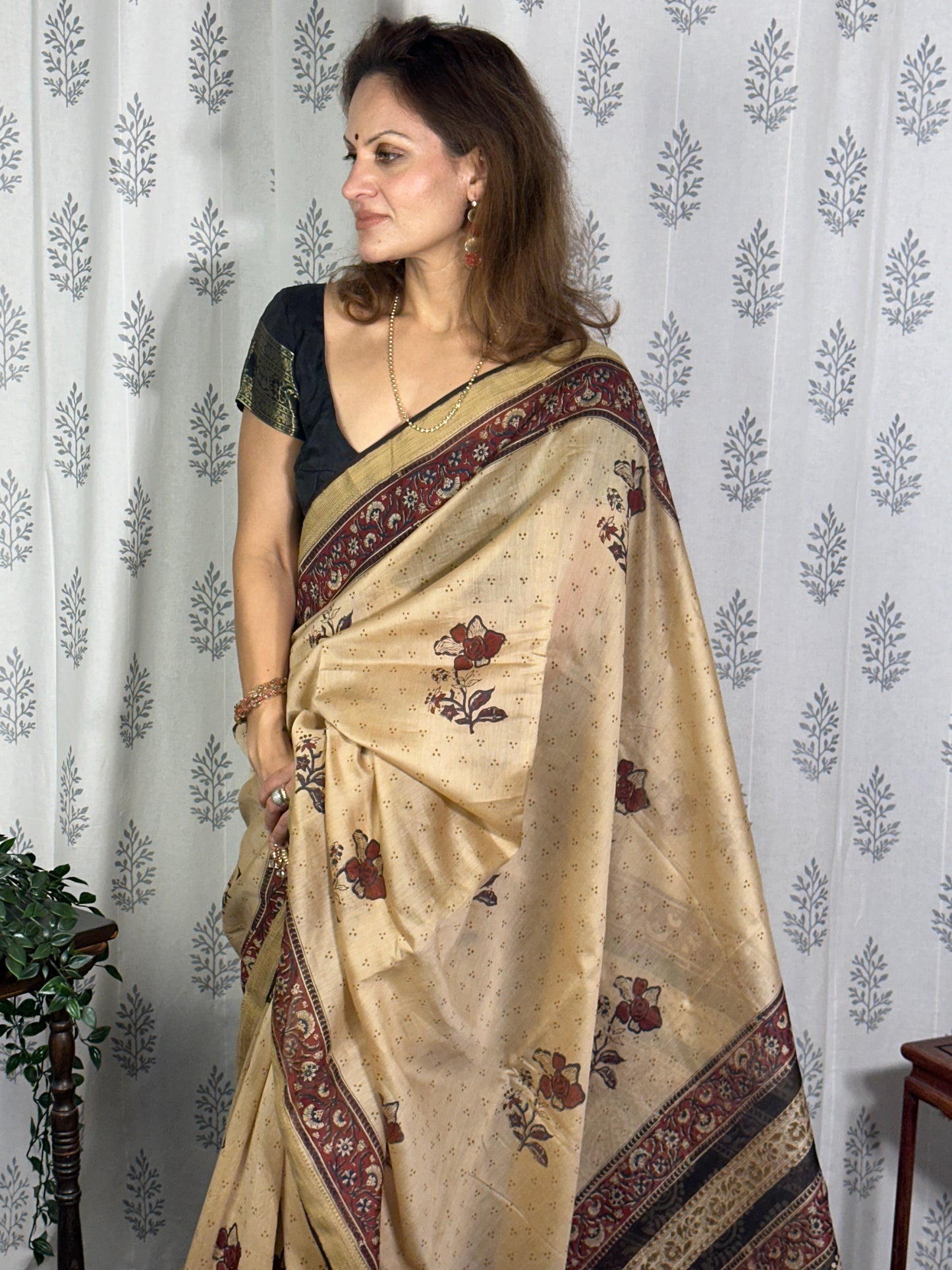 Cream Sanganeri Handblock Print Chanderi Silk Saree