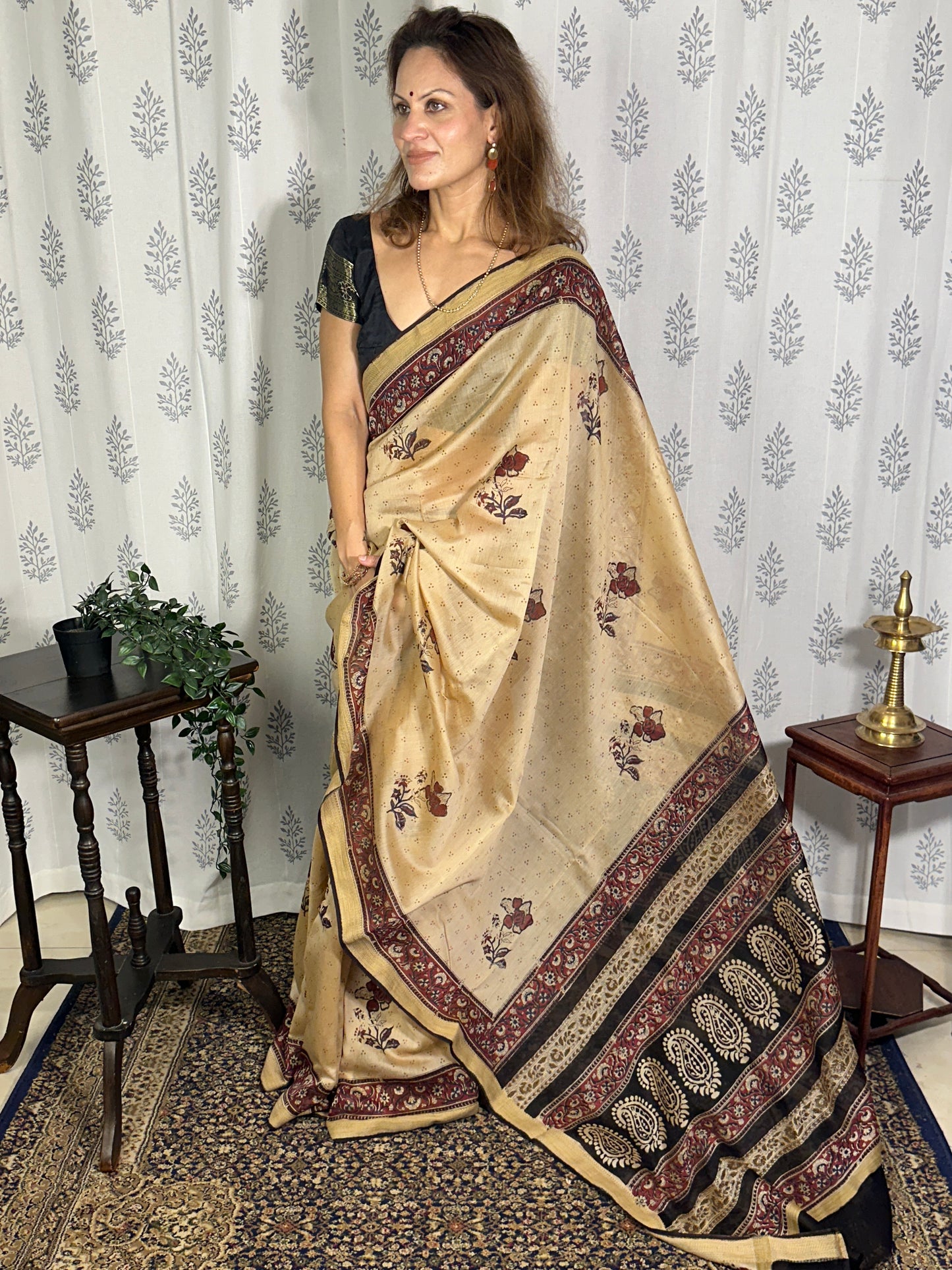 Cream Sanganeri Handblock Print Chanderi Silk Saree