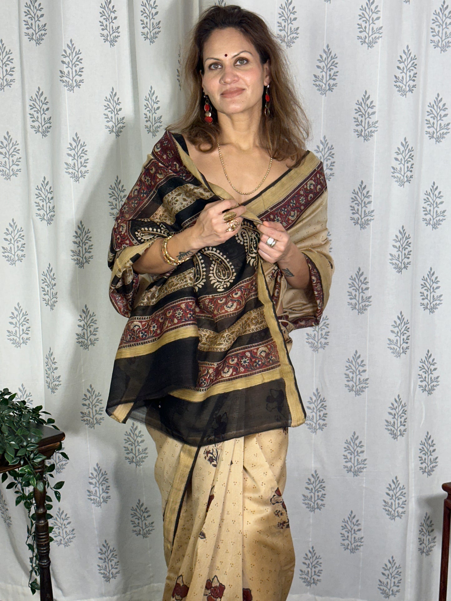 Cream Sanganeri Handblock Print Chanderi Silk Saree