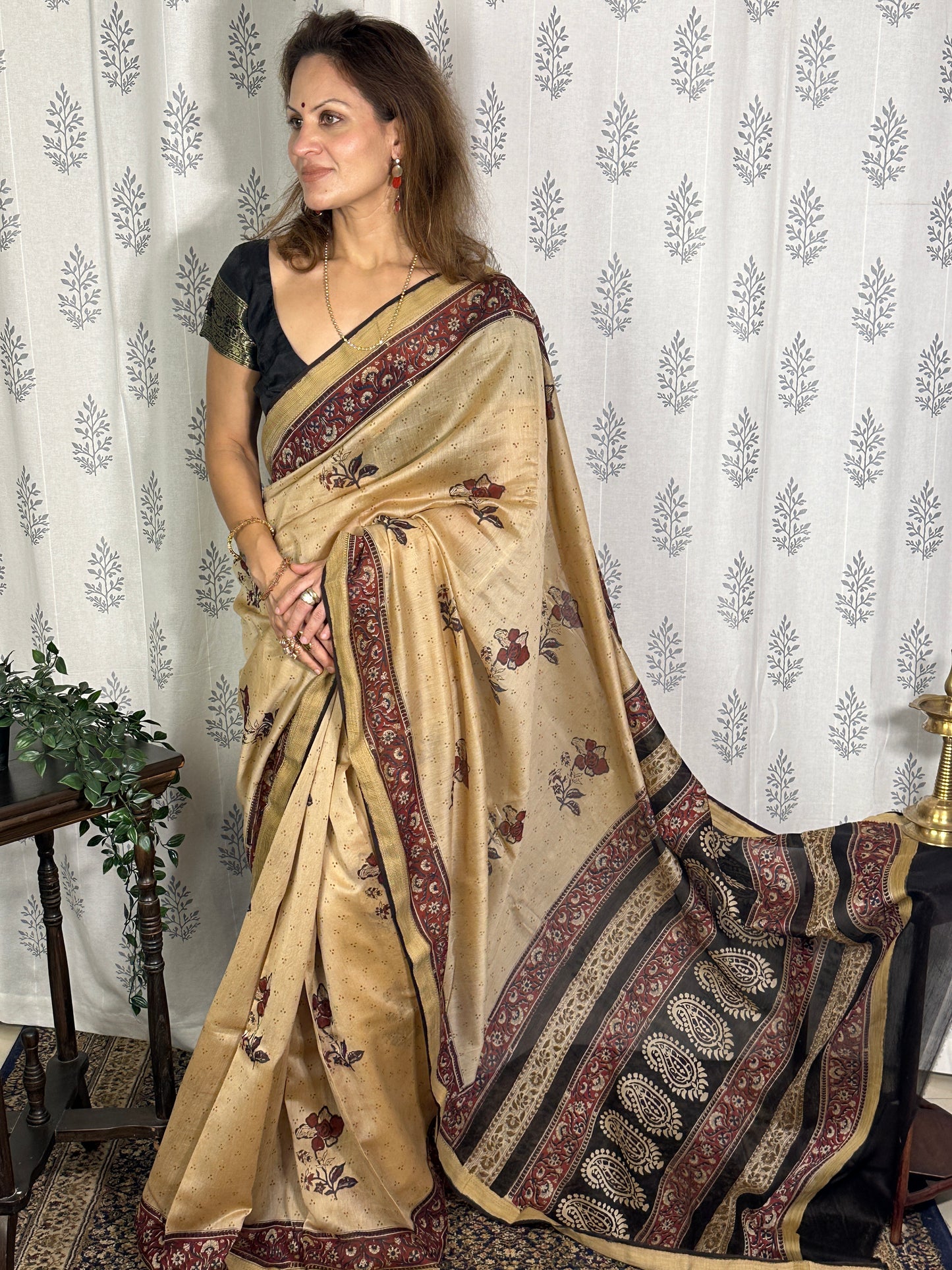 Cream Sanganeri Handblock Print Chanderi Silk Saree