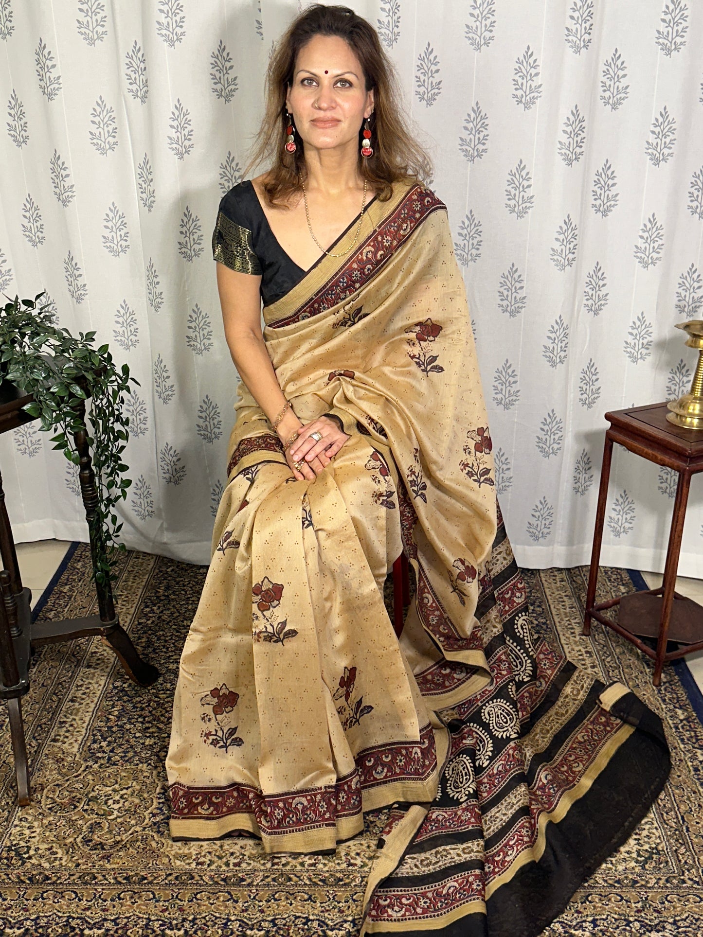 Cream Sanganeri Handblock Print Chanderi Silk Saree