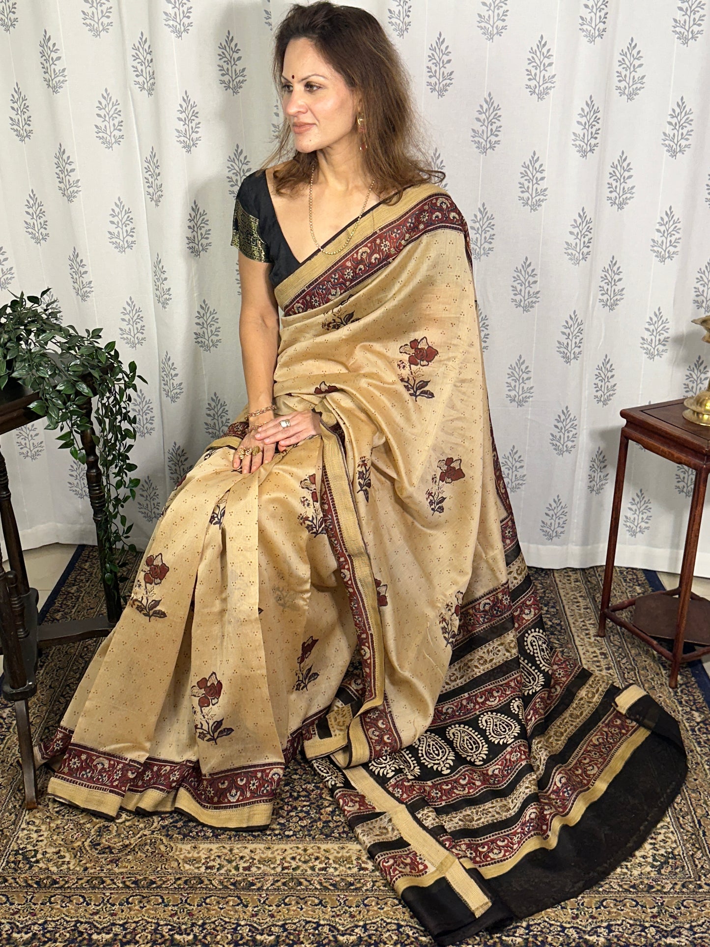 Cream Sanganeri Handblock Print Chanderi Silk Saree