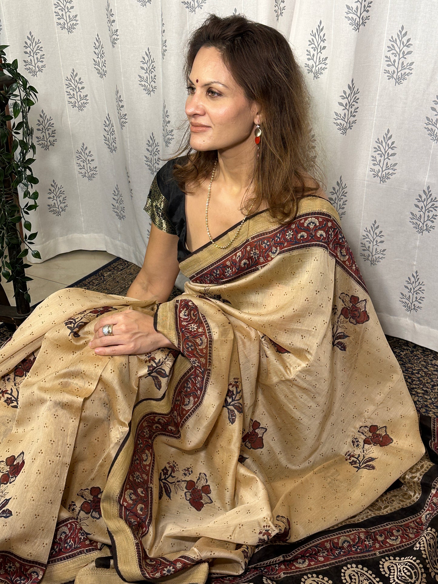 Cream Sanganeri Handblock Print Chanderi Silk Saree
