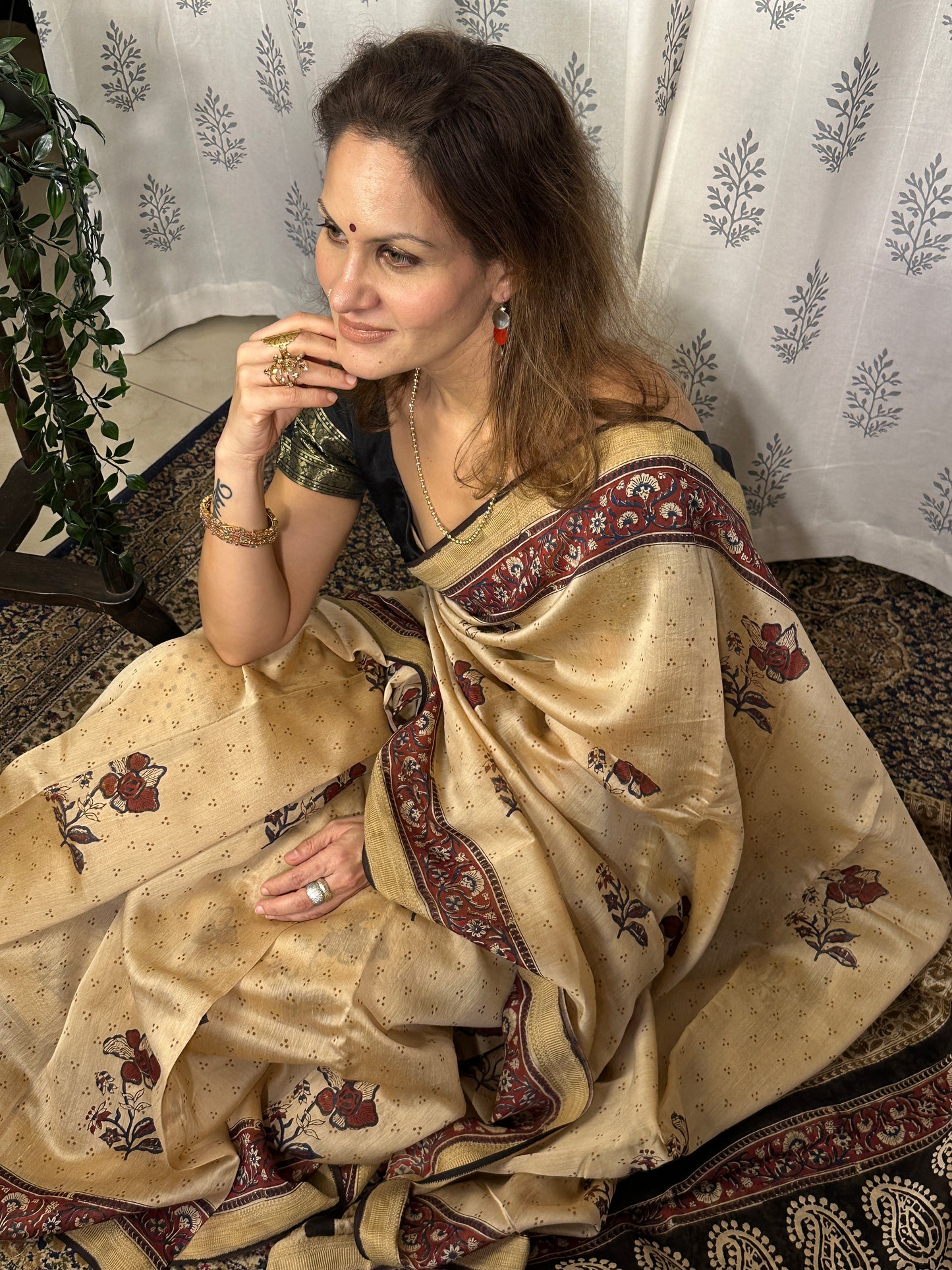 Cream Sanganeri Handblock Print Chanderi Silk Saree