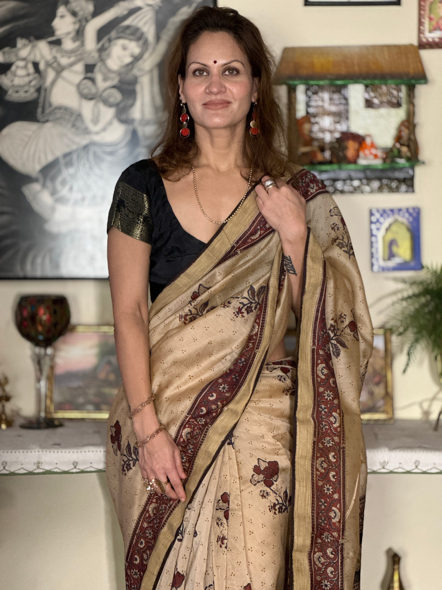 Cream Sanganeri Handblock Print Chanderi Silk Saree