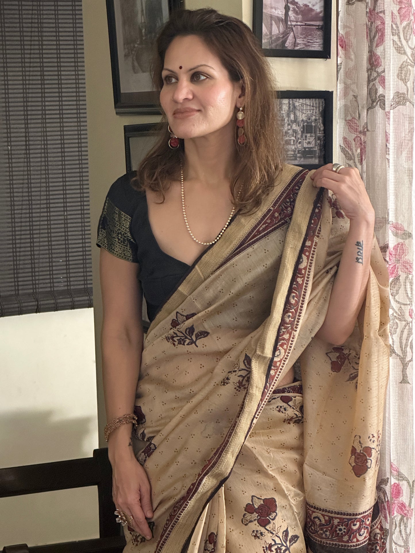 Cream Sanganeri Handblock Print Chanderi Silk Saree