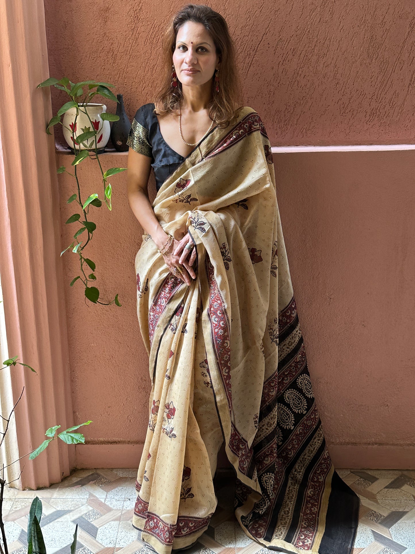 Cream Sanganeri Handblock Print Chanderi Silk Saree