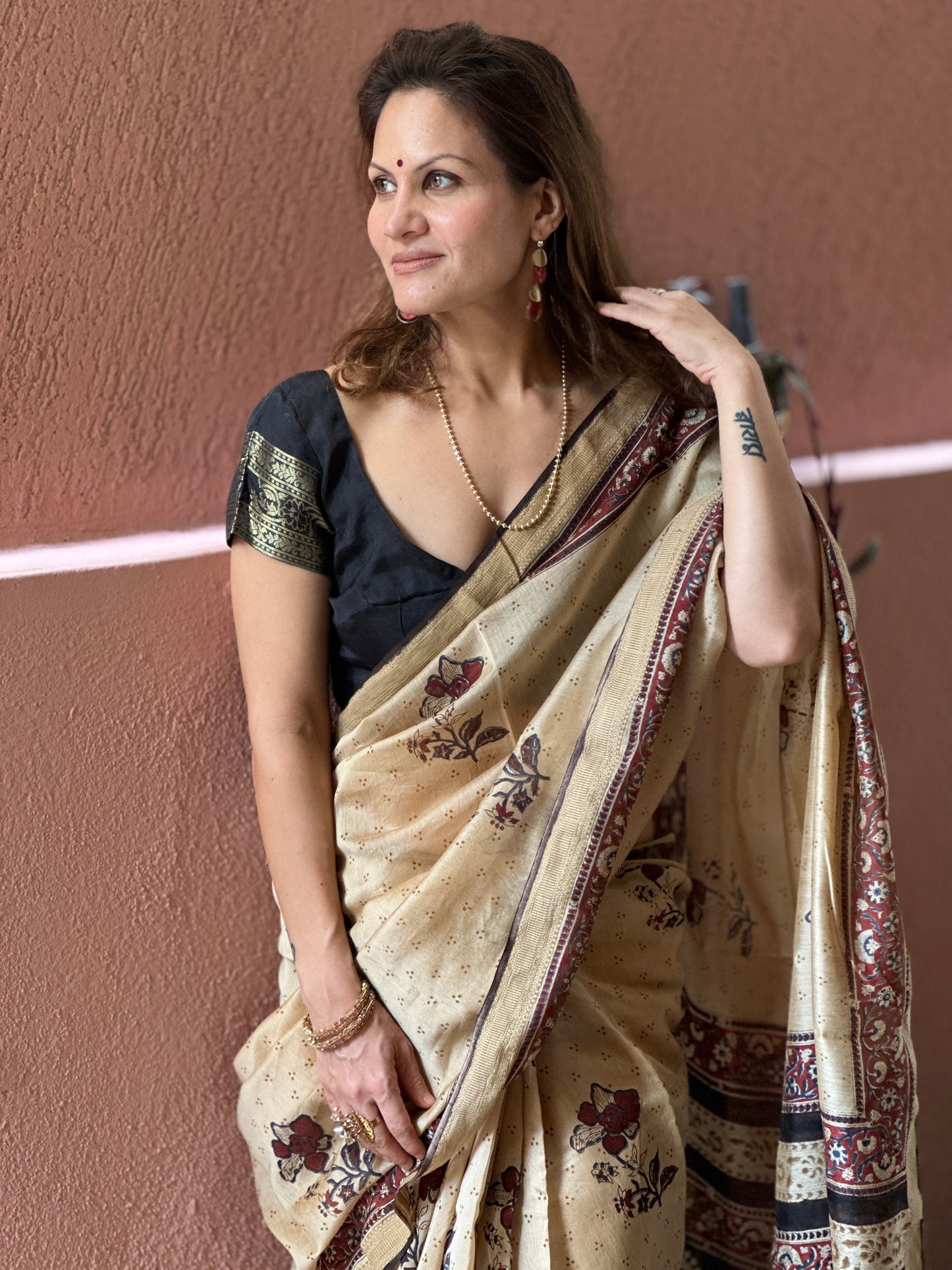Cream Sanganeri Handblock Print Chanderi Silk Saree