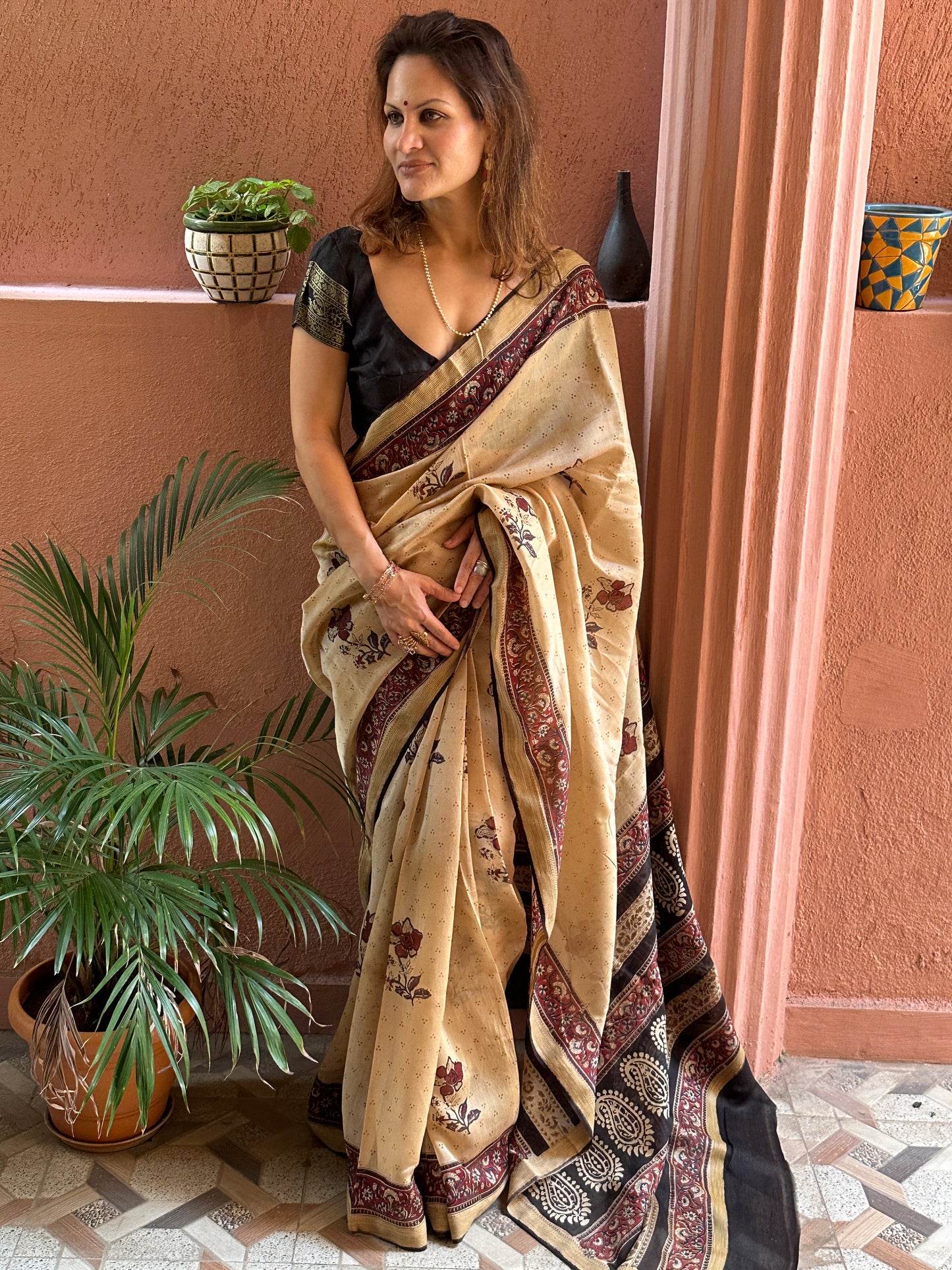 Cream Sanganeri Handblock Print Chanderi Silk Saree