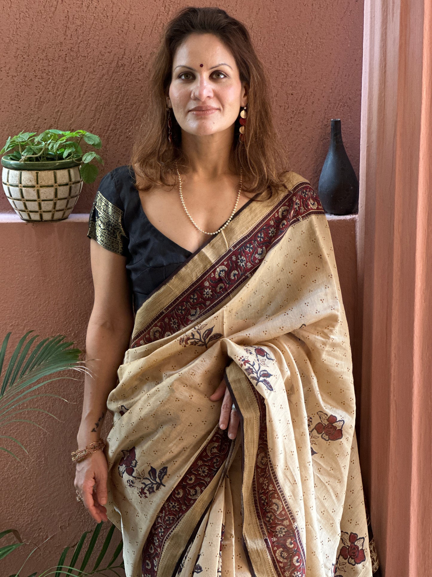 Cream Sanganeri Handblock Print Chanderi Silk Saree