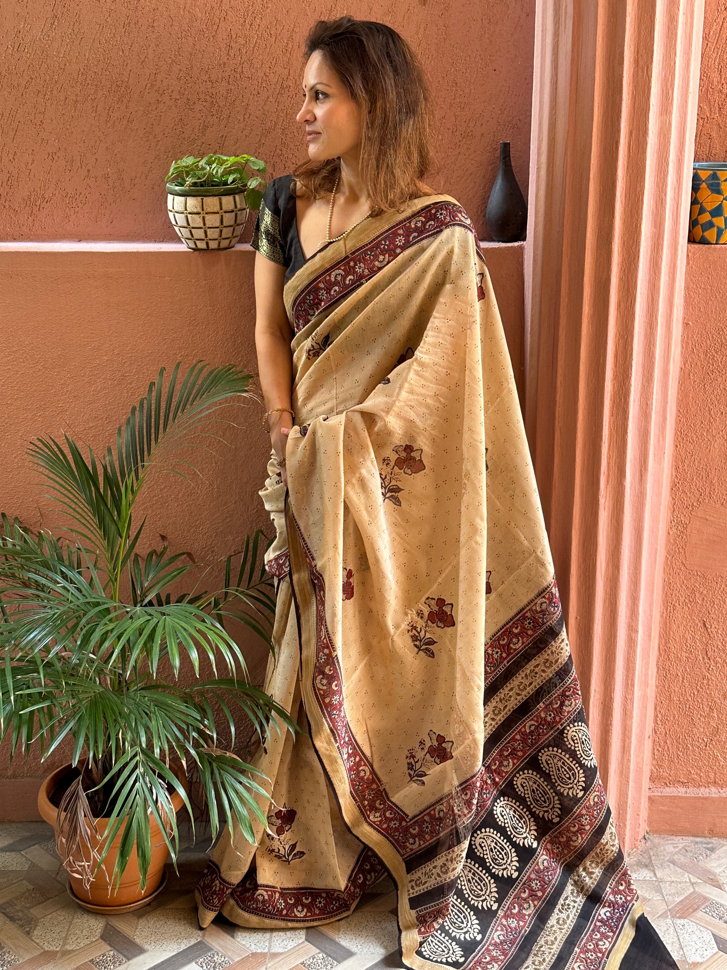 Cream Sanganeri Handblock Print Chanderi Silk Saree