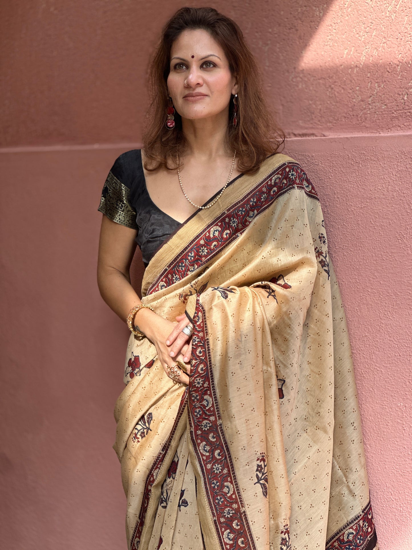 Cream Sanganeri Handblock Print Chanderi Silk Saree