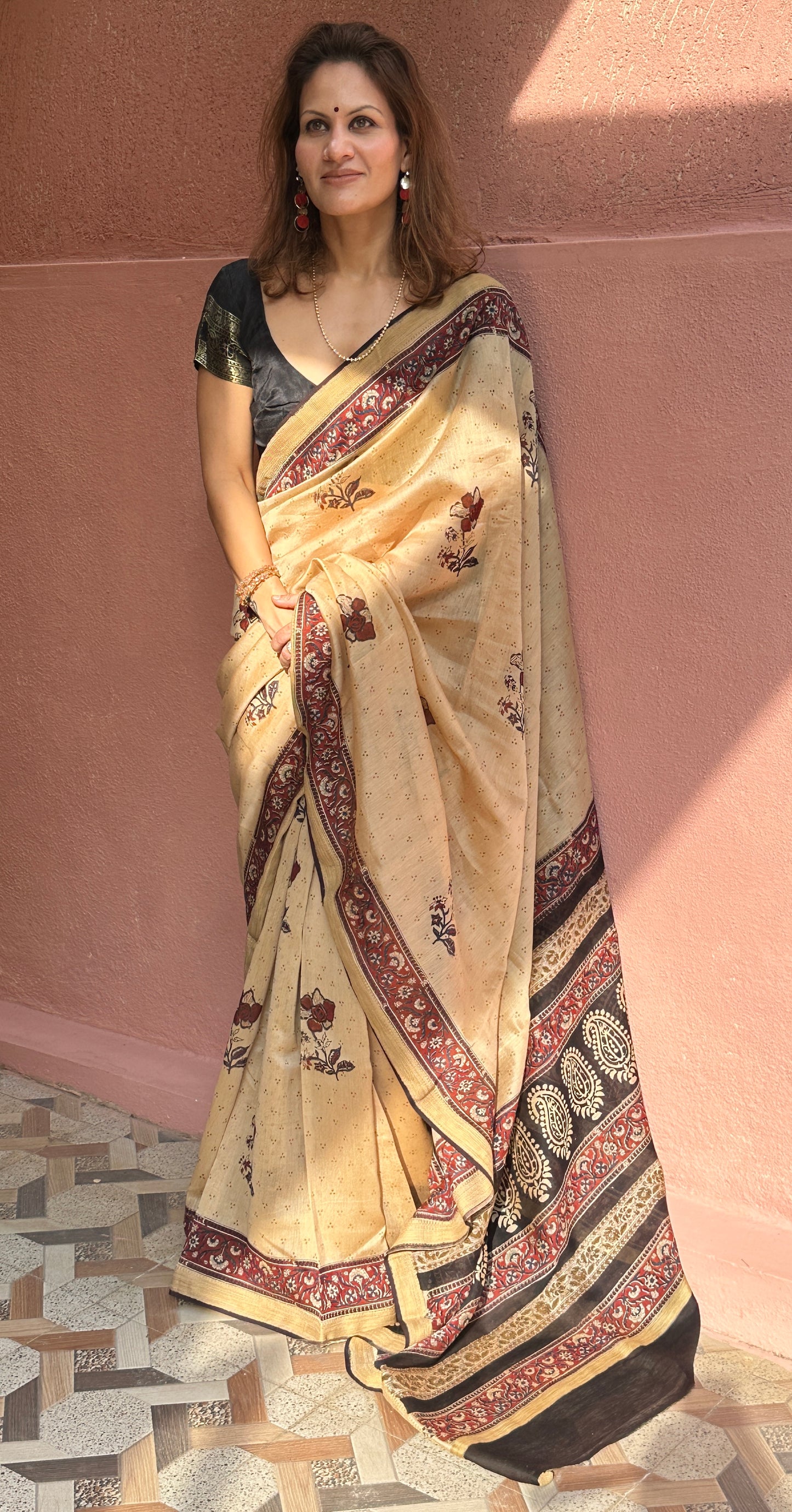 Cream Sanganeri Handblock Print Chanderi Silk Saree
