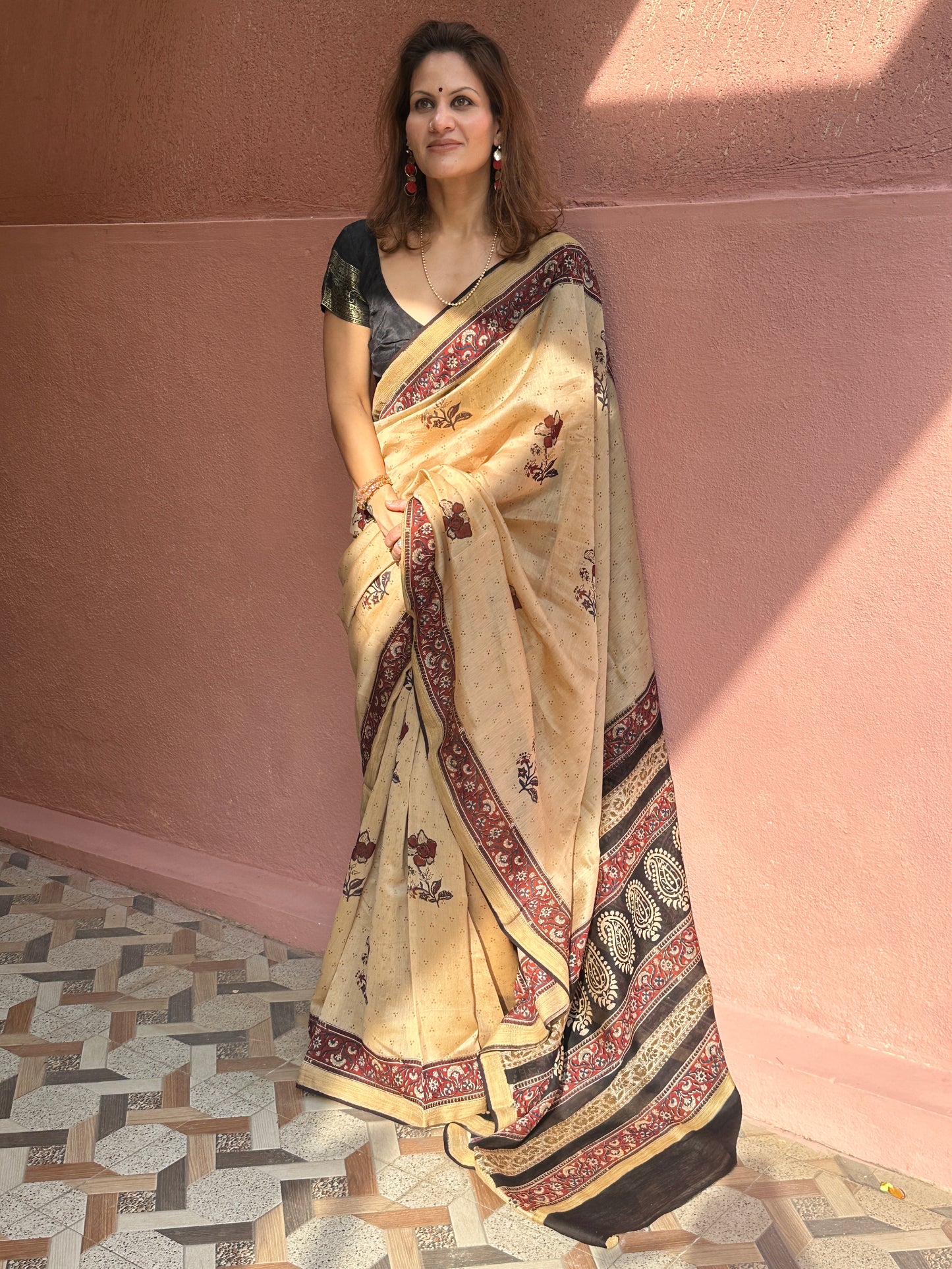 Cream Sanganeri Handblock Print Chanderi Silk Saree