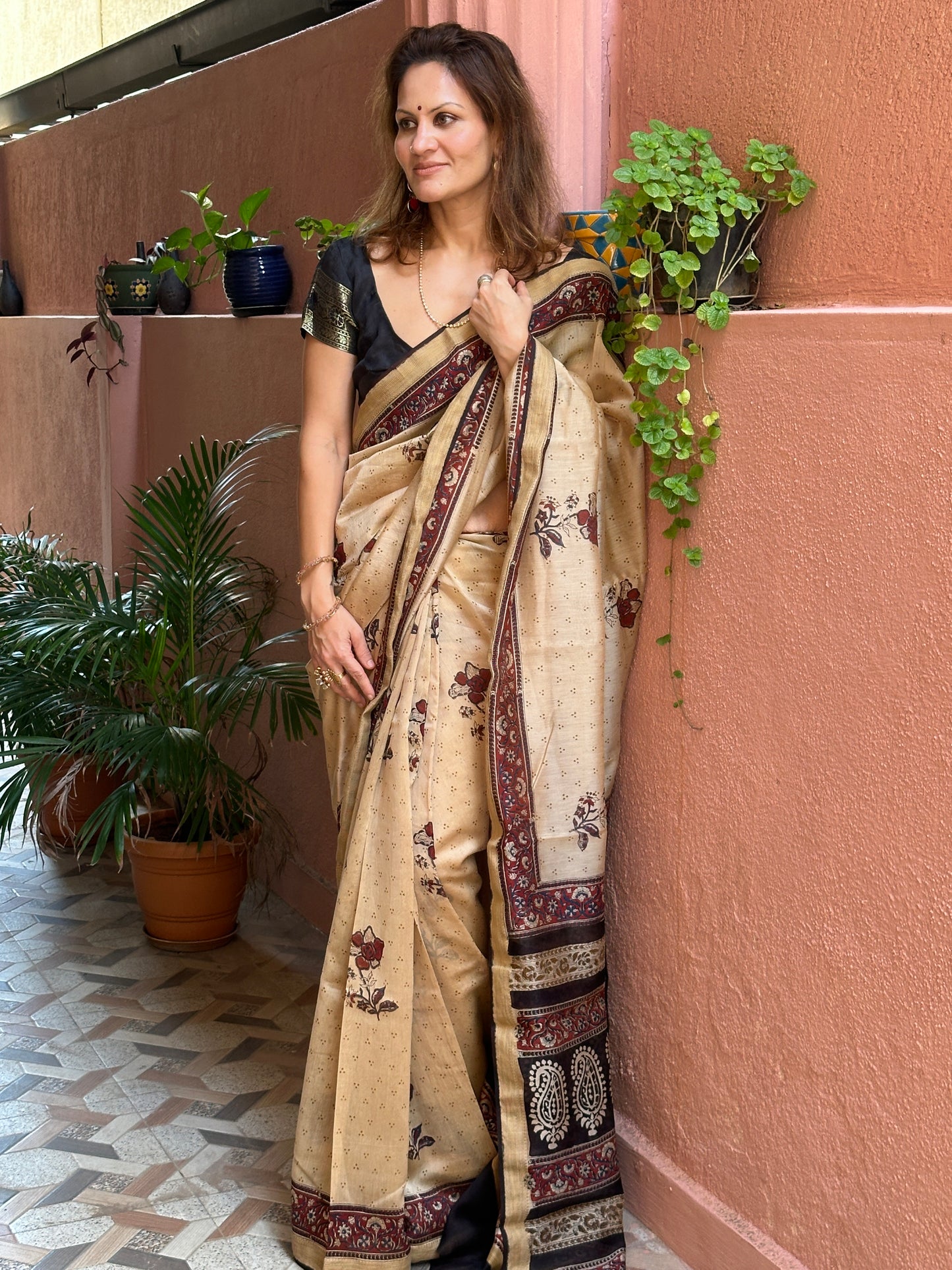 Cream Sanganeri Handblock Print Chanderi Silk Saree