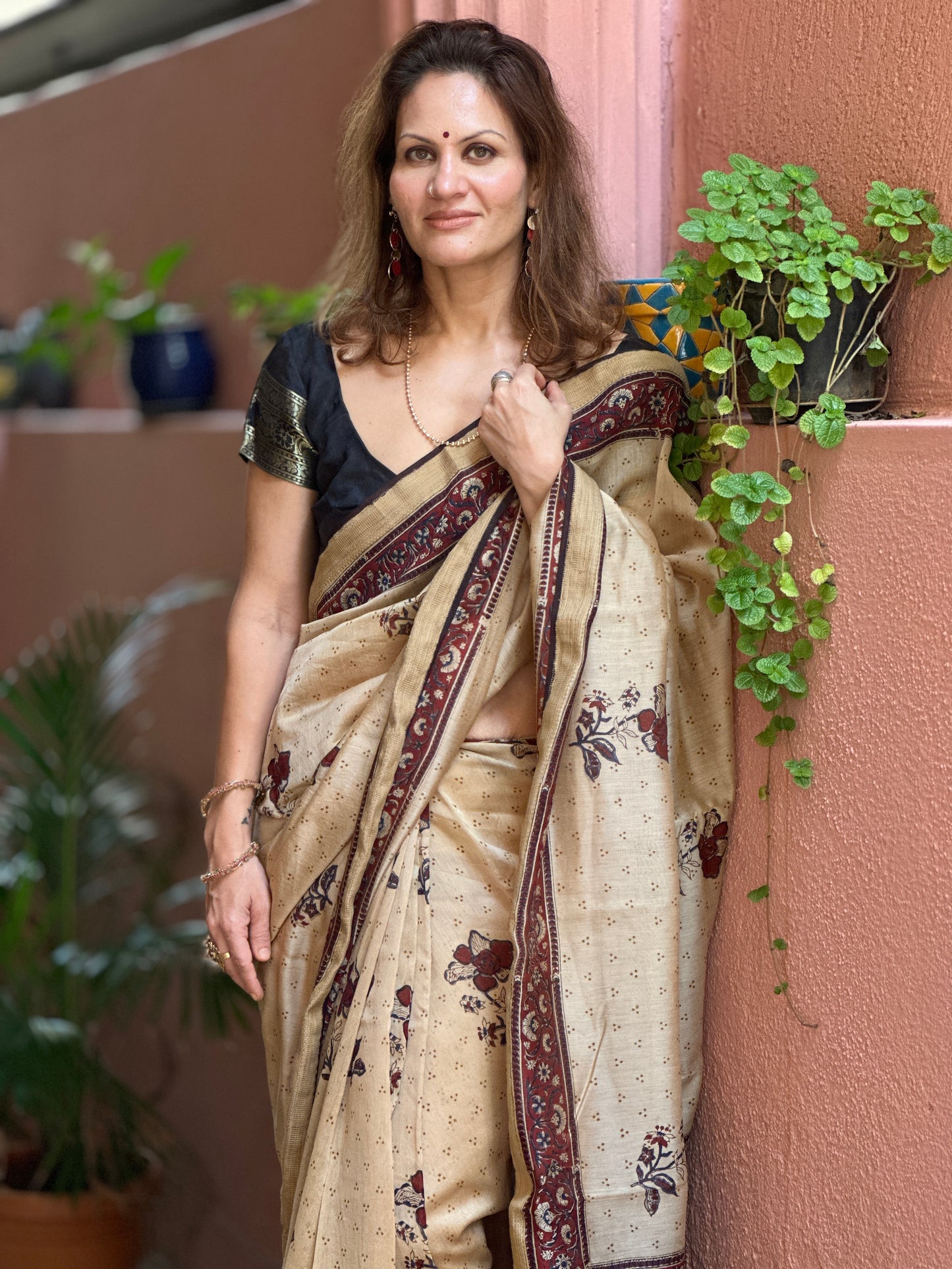 Cream Sanganeri Handblock Print Chanderi Silk Saree